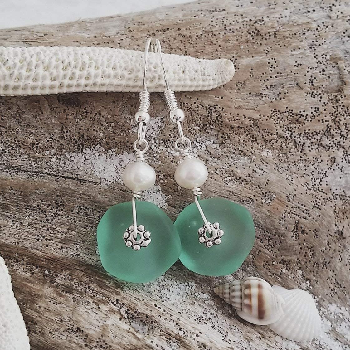 Handmade Sea Glass Earrings, Hawaiian Jewelry for Women, Wire Earrings Pearl Earrings, Unqiue Earrings Beach Jewelry Birthday Gift For Women