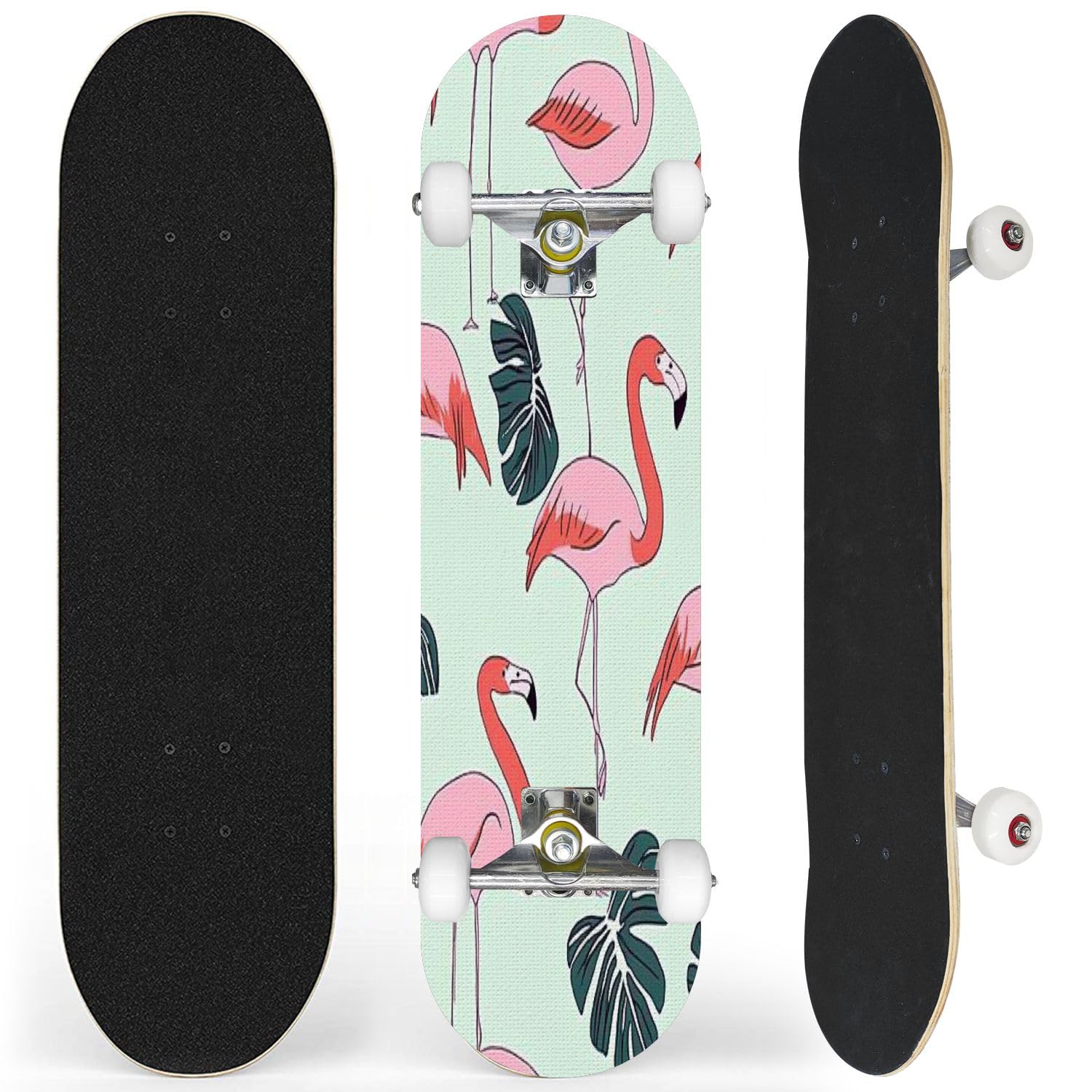 Complete Skateboard with Flamingos Tropical Leaves Flowers Seamless Beginner Skateboard 7-Layer Maple Wood Double Kick Concave Skateboards for Kids, Adults, Teens 31