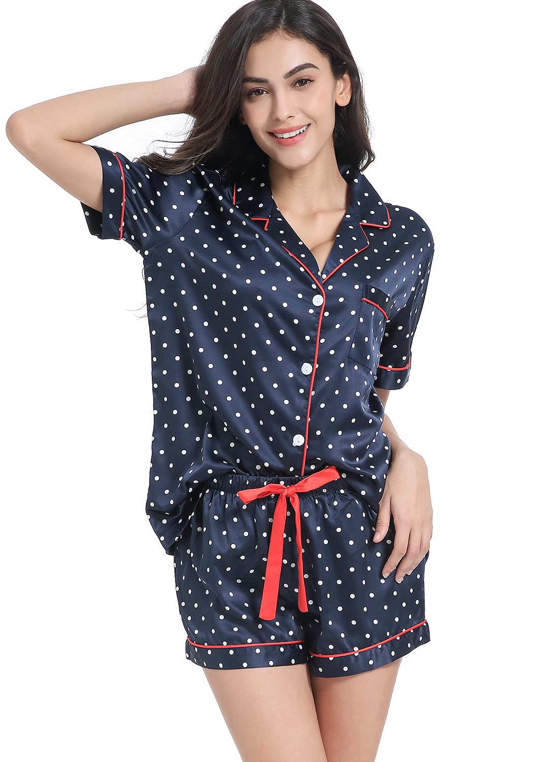 Serenedelicacy - Pijama de satén para mujer, conjunto de 2 piezas, ropa de dormir, ropa de estar por casa, abotonado, manga corta, sedoso