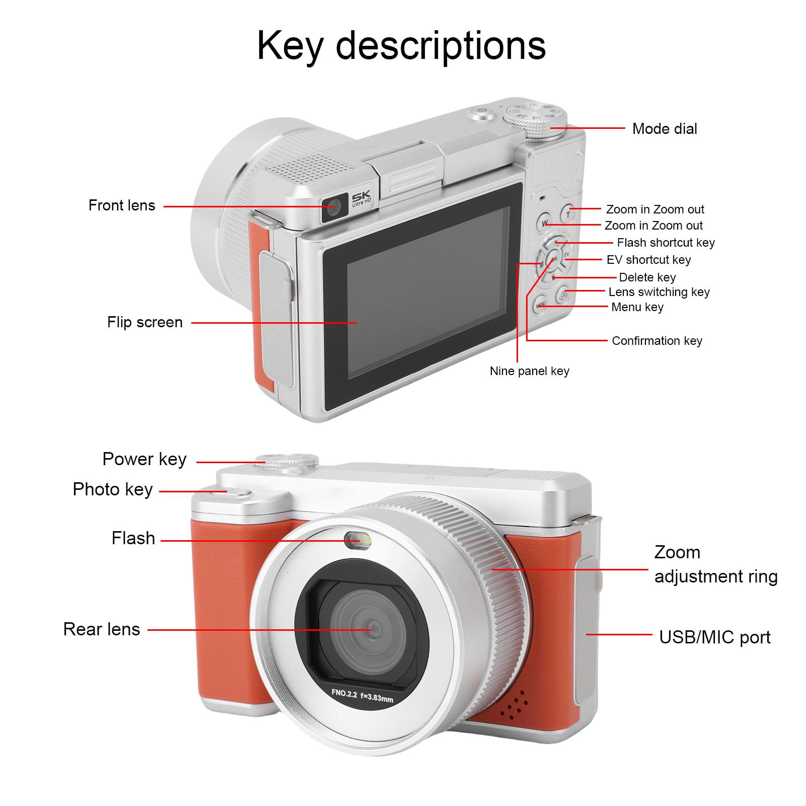 Sxhlseller Fotocamere Digitali 5k per Fotografia, Fotocamera Digitale a Doppia Lente HD da 80 MP con Schermo a Flip, 8x Zoom Autofocus Wifi Video Vlogging Camara per Viaggi di Youtube (BROWN)