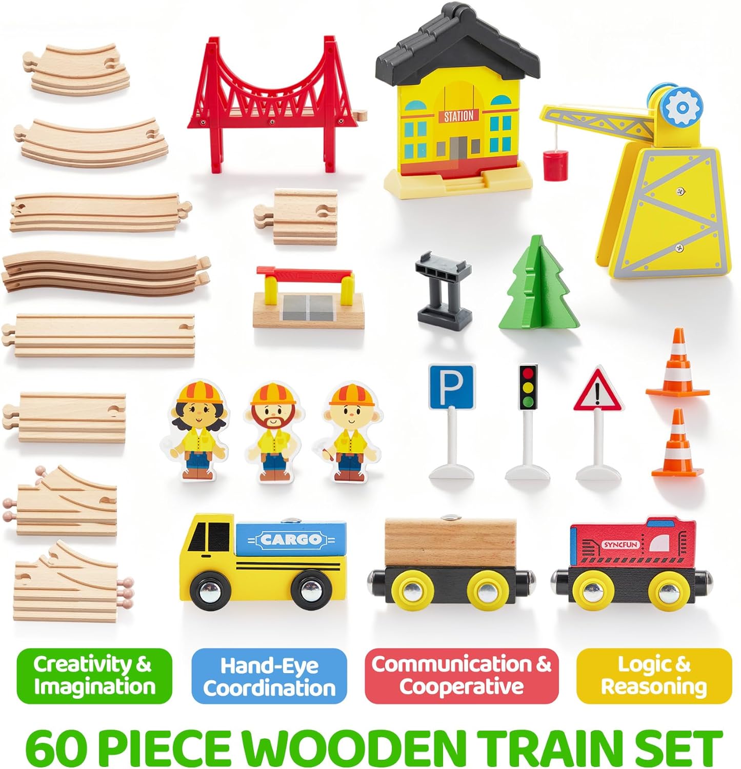 60PCS Wooden Train Set - Toy Magnetic Trains with Wooden Track Set for Kids Ages 3-8, Construction Crane Railway Set, Perfect Easter Birthday Gift for Grandkids Toddlers Boys Girls - Image 3