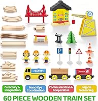 Vista 3 de 60PCS Wooden Train Set - Toy Magnetic Trains with Wooden Track Set for Kids Ages 3-8, Construction Crane Railway Set, Perfect Easter Birthday Gift