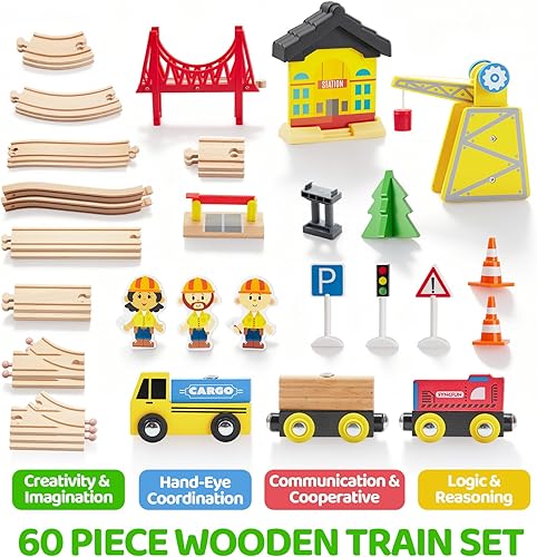 Miniatura 2 de Juego de trenes de madera de 60 piezas, trenes magnéticos de juguete con pista de madera para niños de 3 a 8 años, juego de tren de grúa de