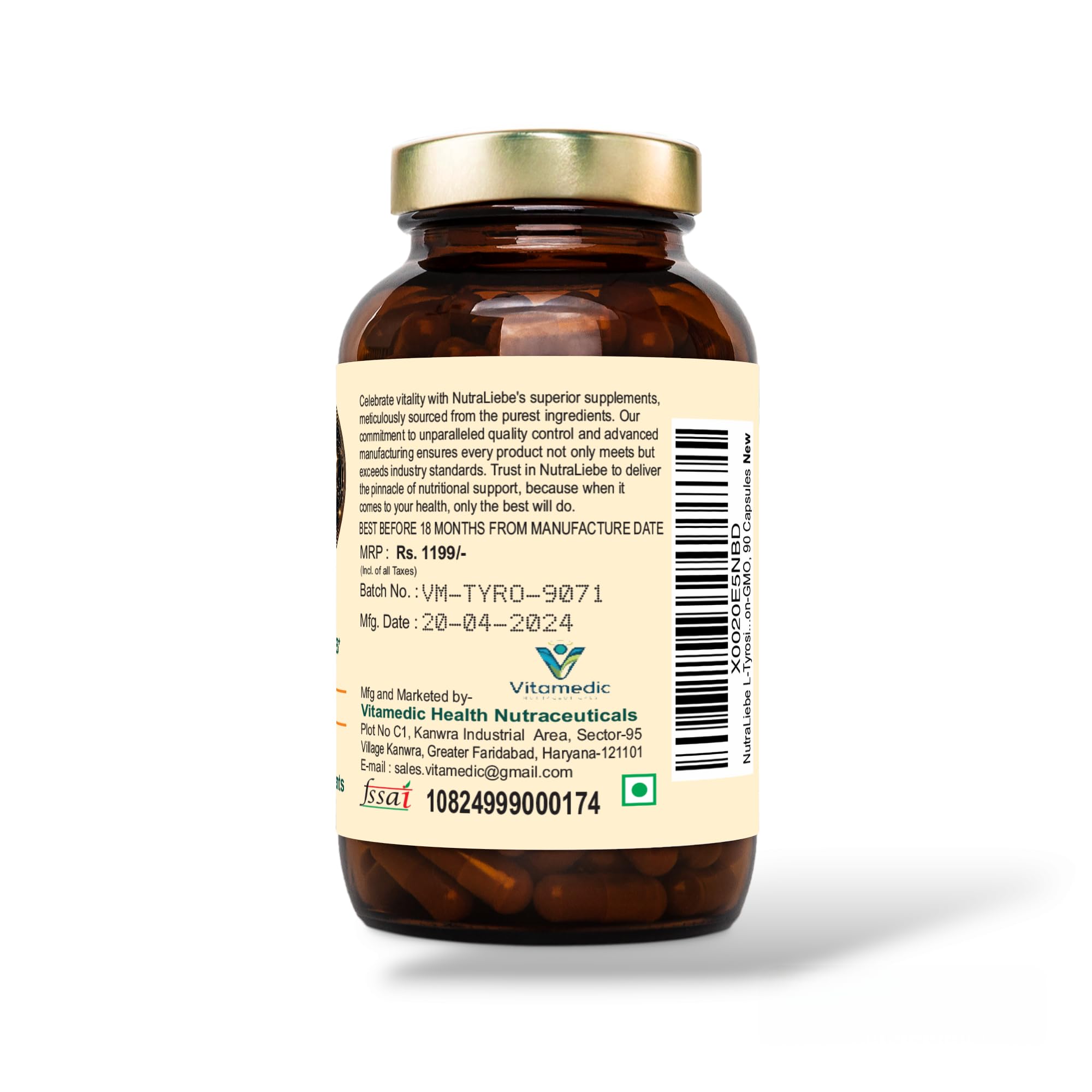 NutraLiebe L-Tyrosine 500mg - Free Form Amino Acid, Non-GMO, 90 Capsules - Image 8 thumbnail