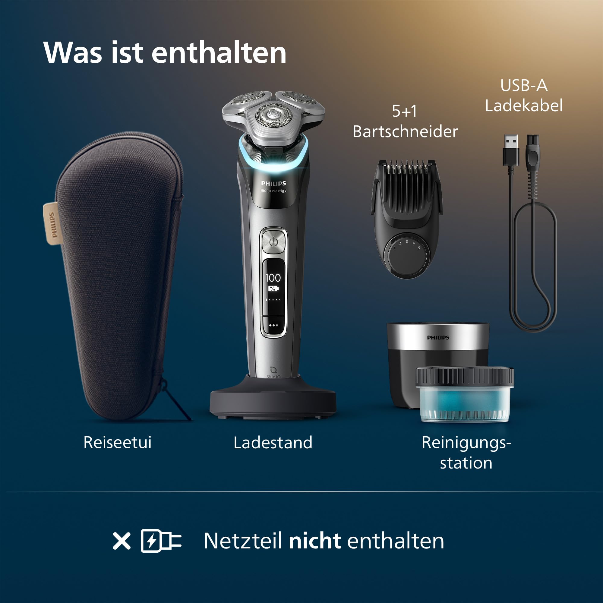 Philips Rasierer i9000 Prestige, elektrischer Nass- und Trockenrasierer für Herren, integrierter Trimmer, Drucksensor, Reinigungsstation, 5+1-Bartstyler, Ladestation und Reiseetui (Modell XP9202/33)