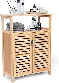 Bamboo Storage Cabinet with Doors, Floor Freestanding Cabinet with Shelv...