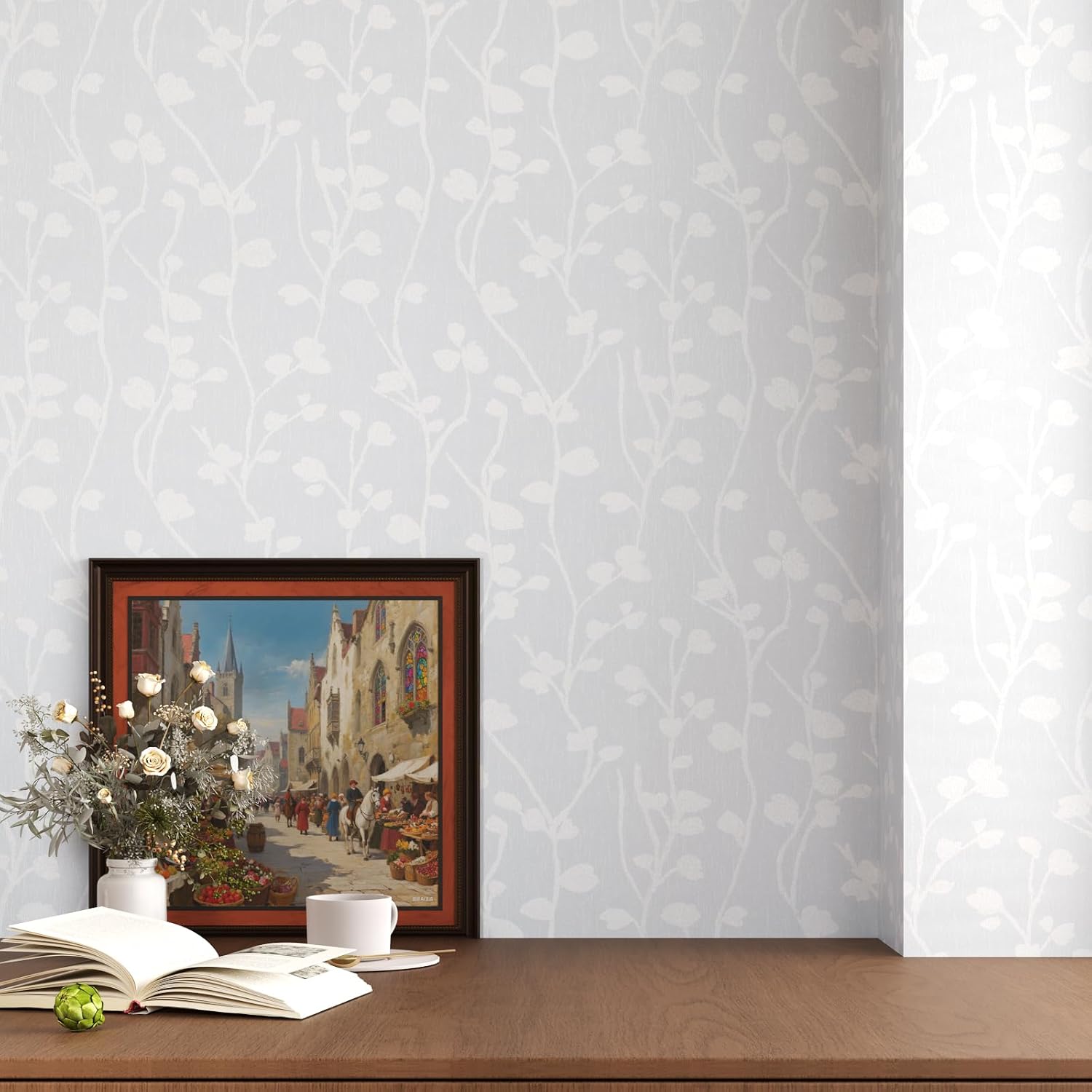 VaryStyle White Wallpaper Textured Embossed Peel and Stick Wallpaper White Trees Branches Contact Paper for Cabinets and Drawers Self Adhesive Removable Stick on Wall Paper for Bathroom 15.7"x118"