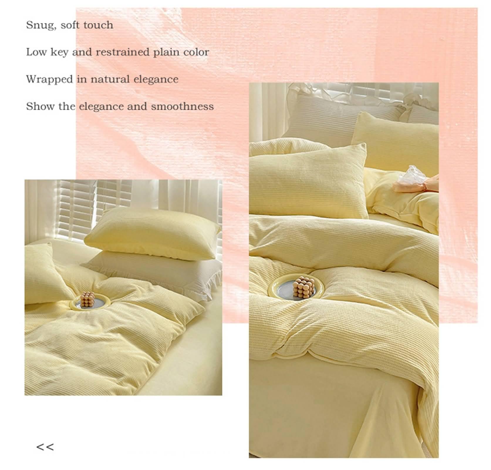 Bettenset 4Teilig, Polyester-Fleece Bettwäsche-Set mit Bettlaken und 2 Kissenbezügen Waffelgitterstruktur, Gelb (1.5m-200x230cm, 230x250cm)