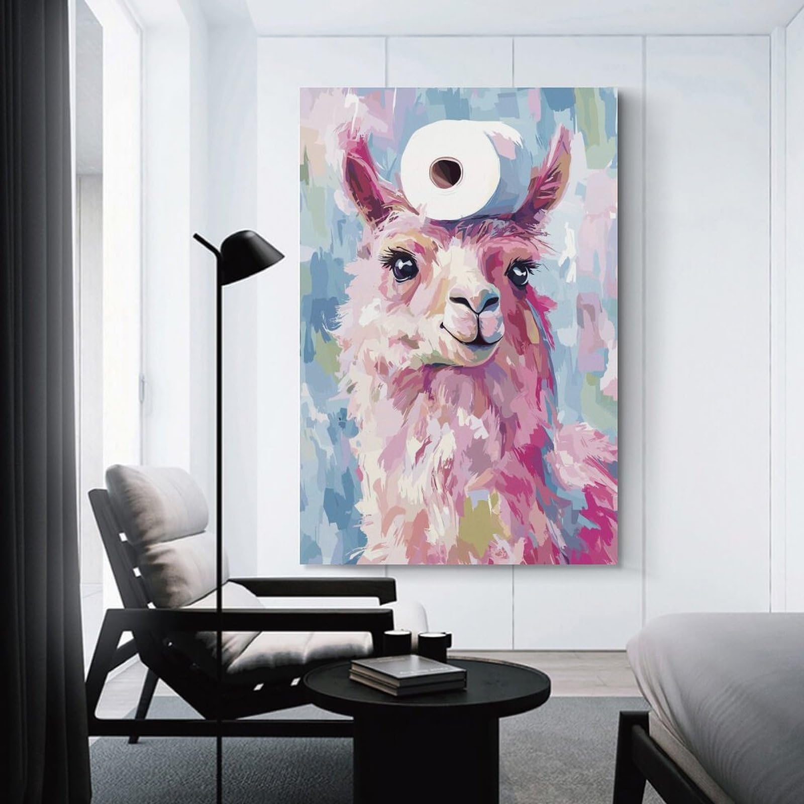 Junmoney Unframe-Style-11 Canvas Wall Decor Llama With Toilet Paper On Head, 24X36inch(60X90cm), For Home Lounge, Bedroom Or Reading Nook, Eye Catching Artwork For Blank Walls