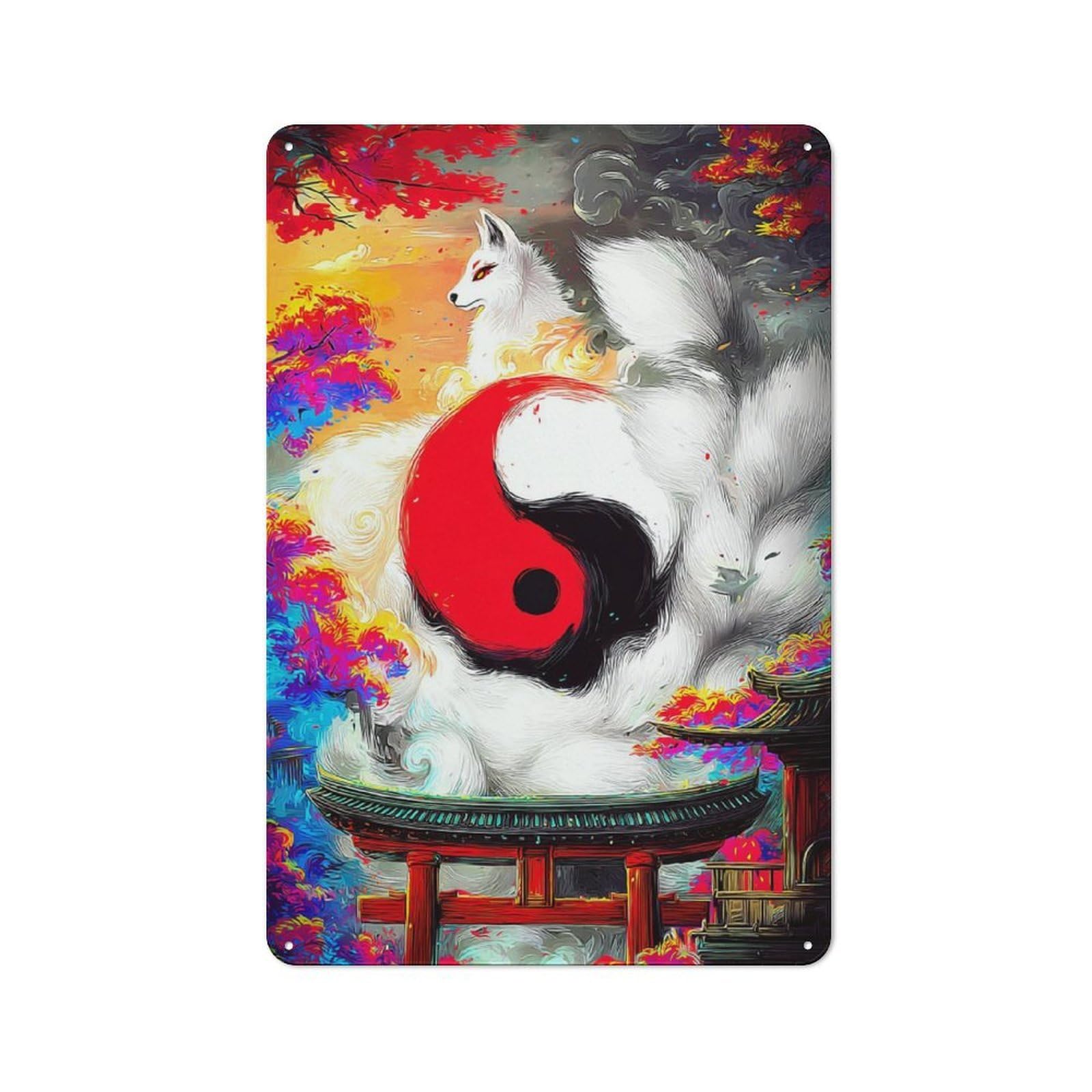 Junmoney Yin-Yang Fox Spirit Gate -1 Tin Wall Sign With Design 30X20cm, Classic Diner Style Decor For Bakery, Diner, Cafe Or Family Room