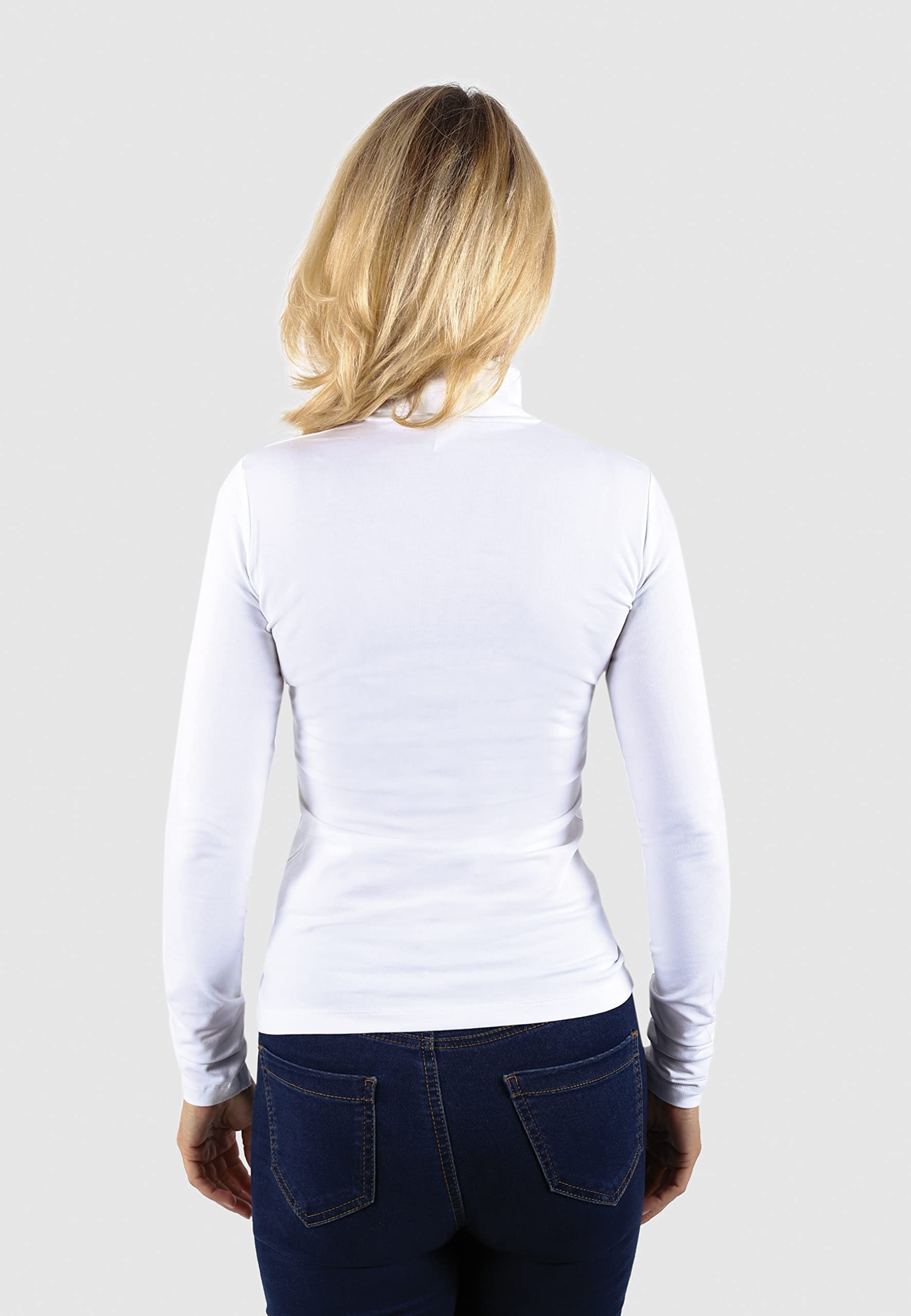 Bamboo 70309 - Camiseta de manga larga para mujer, cuello básico, manga larga, manga larga, camiseta básica de viscosa en color liso, bambú suave, Blanco, 40