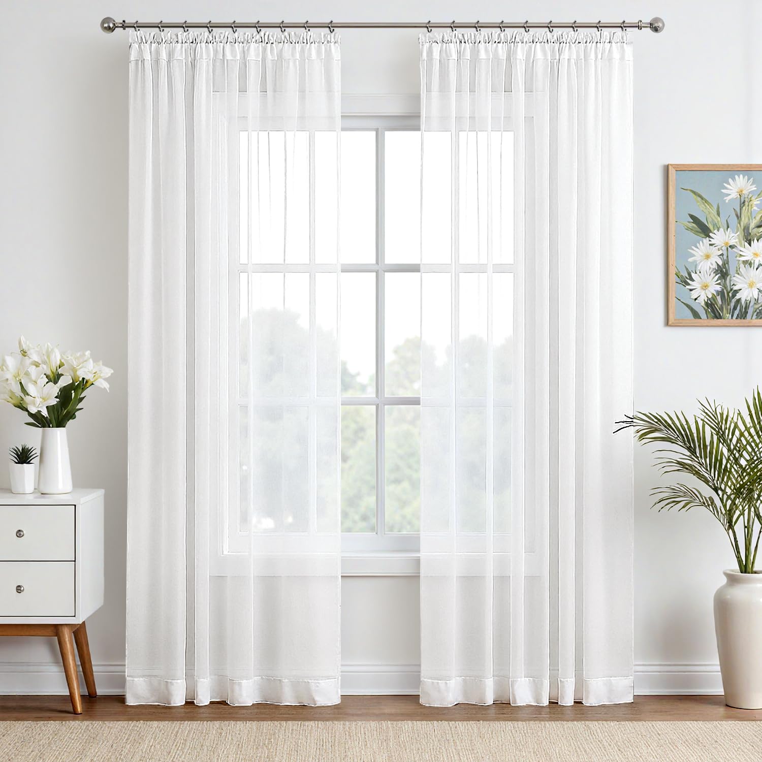 EMEMA Gardinen Vorhänge mit Kräuselband Vorhang Transparente Gardine aus Einfarbig Transparent Sheer Voile Wohnzimmer Luftig Dekoschal für Schlafzimmer 2er Set