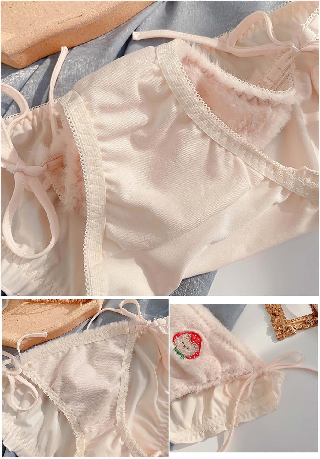 Cute Plush Low Waist Milk Silk Spaghetti Straps Detachable Girls Triangle Panties Winter Panties Kawaii Girls Underwear