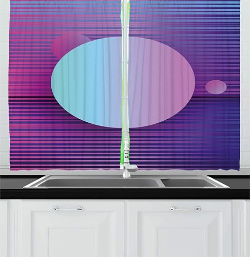 Ambesonne Synthwave Kitchen Curtains, Abstract Contemporary Futuristic Art with Stripes and Galactic Rounds, Window Drapes 2 Panel Set for Kitchen