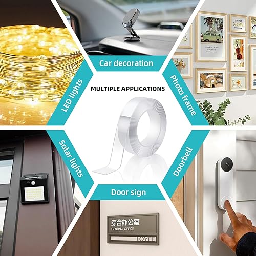 Miniatura 6 de P7yaumy Cinta de doble cara resistente de 1.2 pulgadas x 20 pies, nano cinta de doble cara, cinta adhesiva extraíble de dos caras sin rastros, cinta