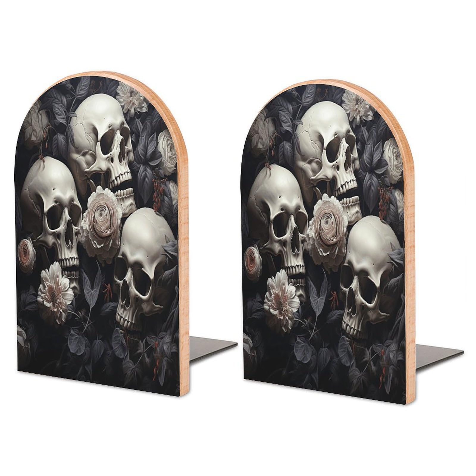 Sujetalibros de flores y calavera en blanco y negro para estantes