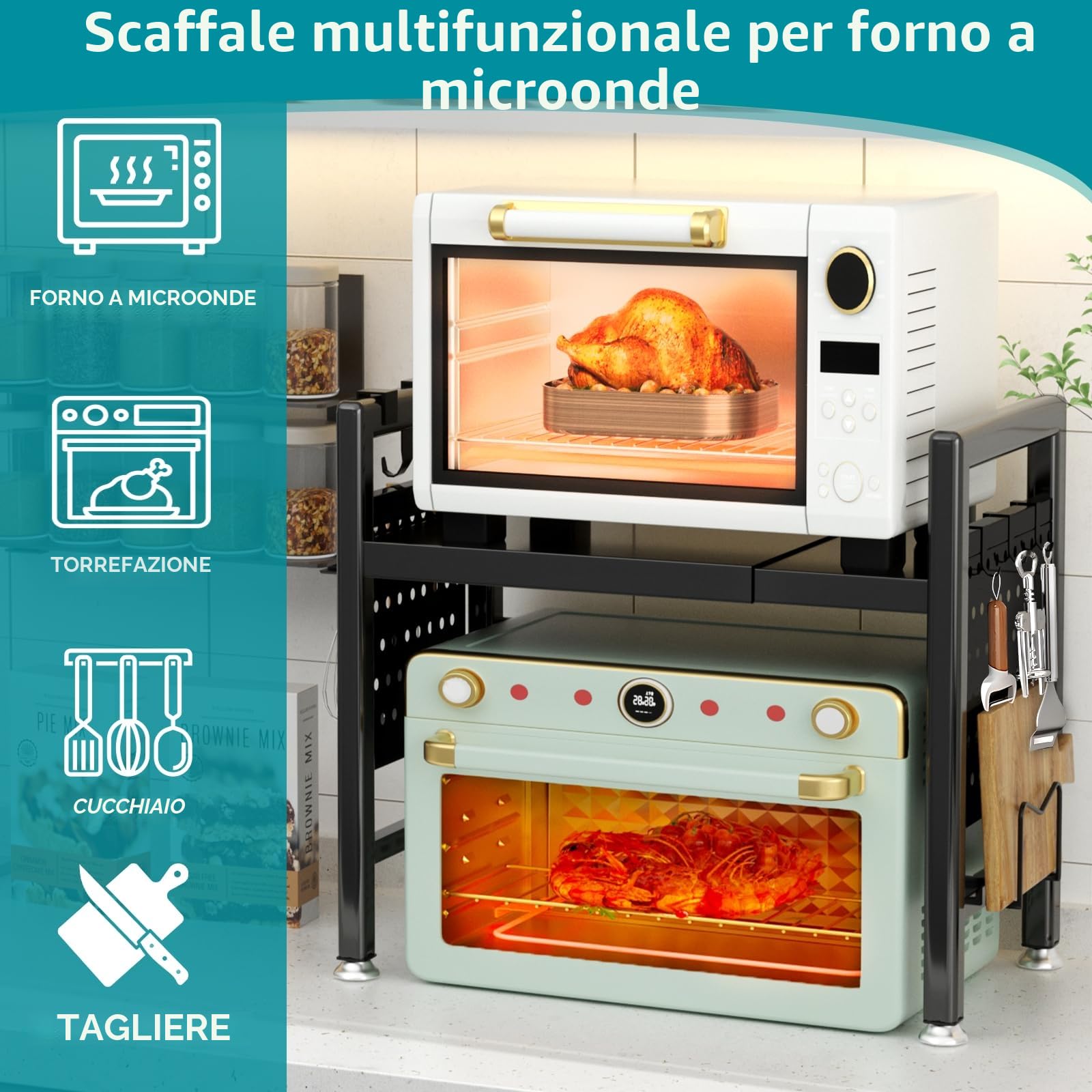 Mensola Microonde Estensibile, Regolabile Due Livelli Microonde Scaffale 40-65cm, Mensola Microonde Salvaspazio, Supporto Microonde con Rastrelliera per Tagliere, 6 Ganci, Istruzioni (Nero)