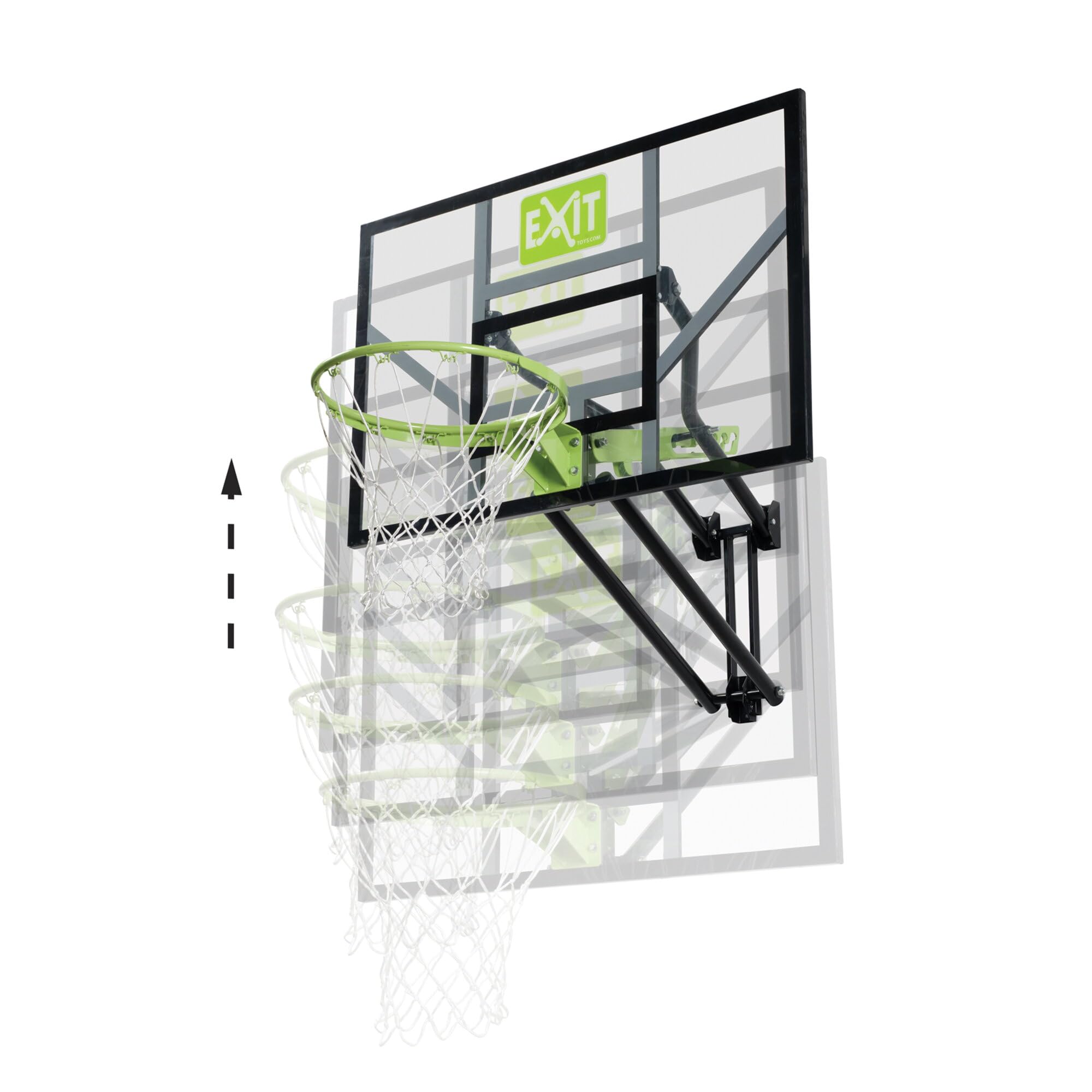 EXIT Toys Galaxy Tabellone da Basket per Montaggio a Muro - Cerchio da Basket, Rete e Materiale di Fissaggio - Tabellone Regolabile in 5 Altezze - Per Bambini e Adulti - Telaio Robusto - Verde/Nero