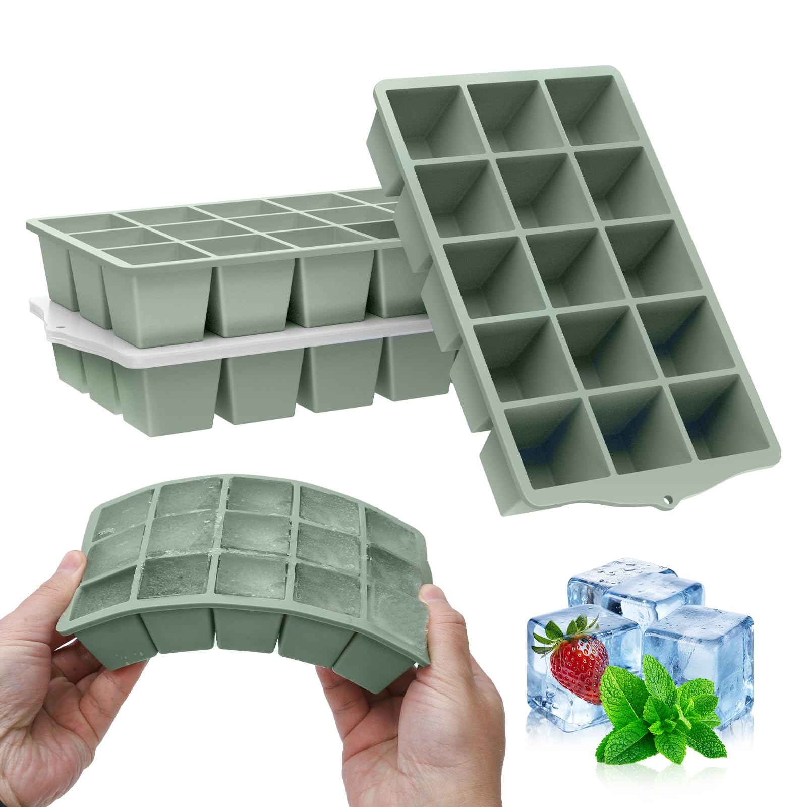 ZUIMENG Silicone Ice Cube Tray with Lid, 15 Square Molds Stackable Dishwasher Easy Release & BPA Free, Ice Cube Molds for Cocktail, Whiskey, Coffee (Green, 4 Packs)