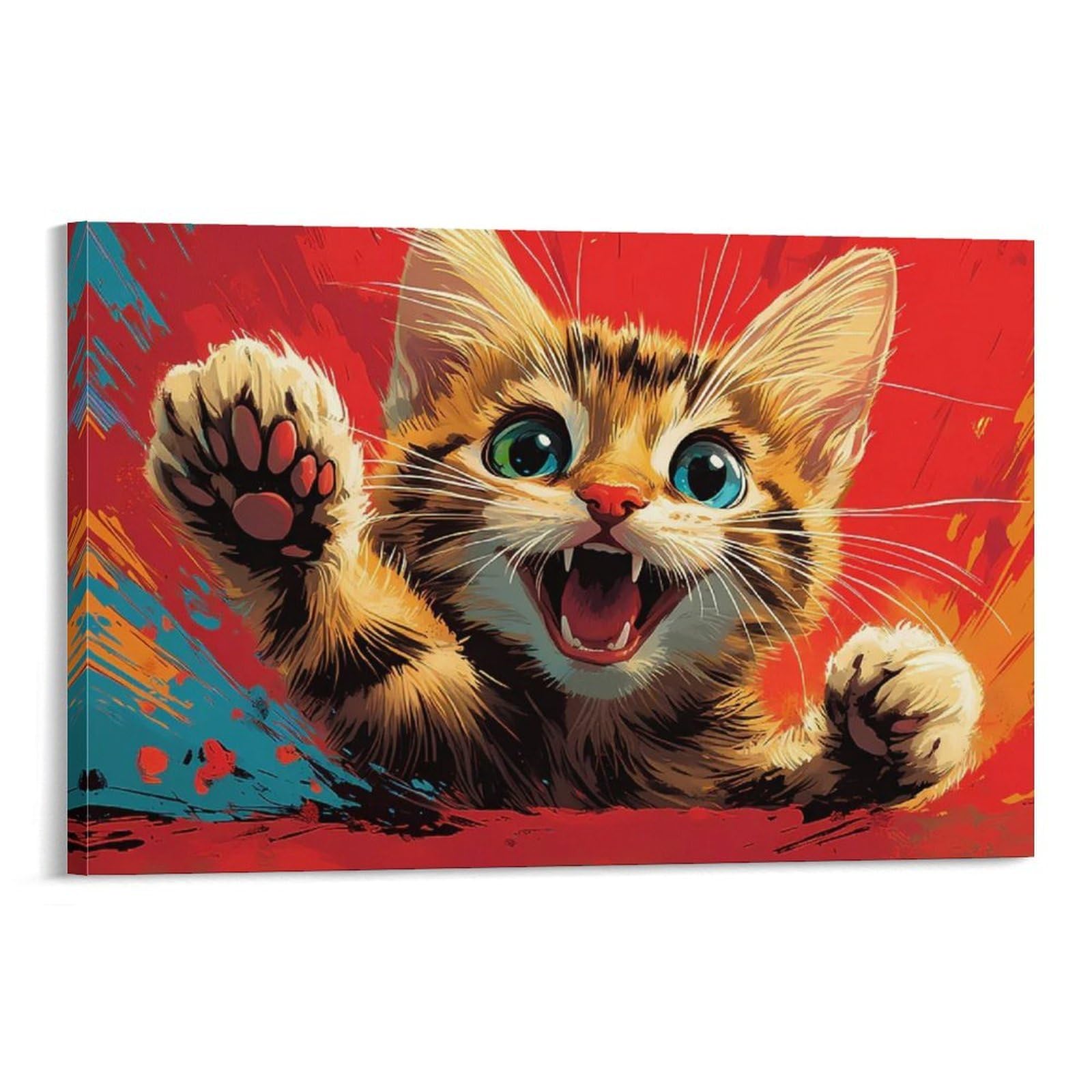CPLVKWRQJ Bright Magical Colorful Single Piece Cute Tabby Kitten Red Background Framed Canvas Print - Bedroom Statement Piece Easy to Clean Ready to Hang 20x30inch(50x75cm)