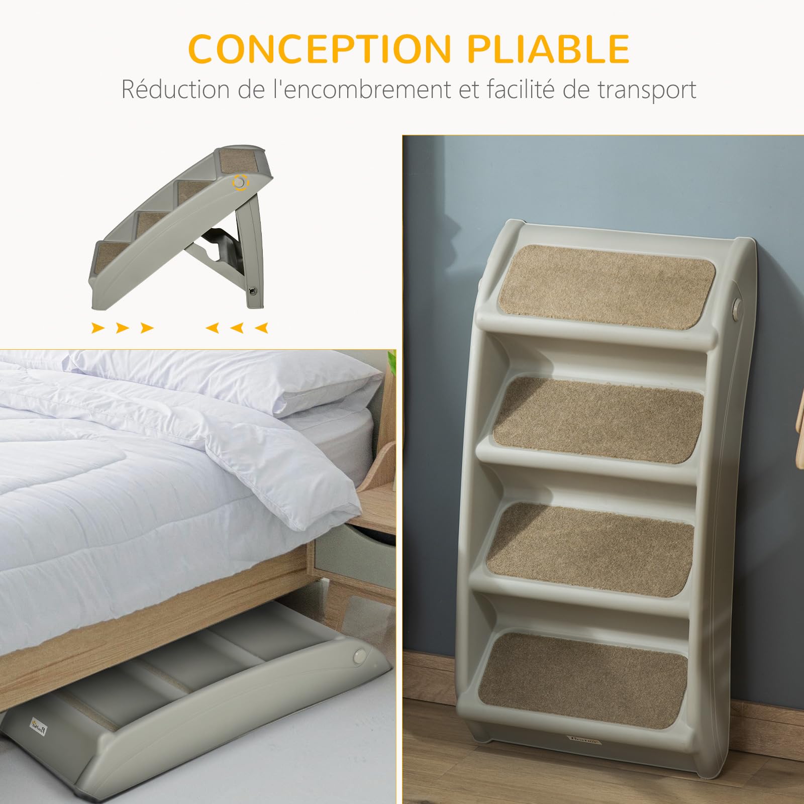 PawHut Escalier pour Chien Pliant 4 marches Antidérapantes, Portable en Plastique, Charge 10 kg, 62 x 38 x 49,5 cm, Gris