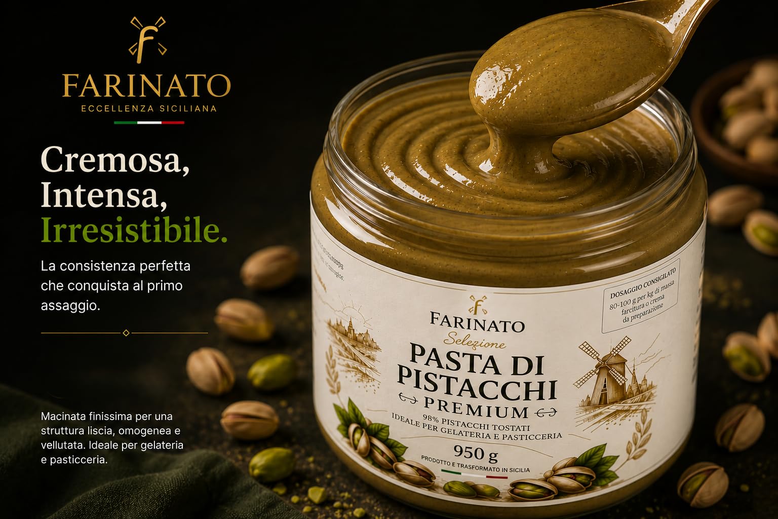 FARINATO Pasta di Pistacchio Premium 950g – 98% Pistacchi Tostati – Alta Percentuale – Semilavorato per Gelateria e Pasticceria – Prodotto e Trasformato in Sicilia