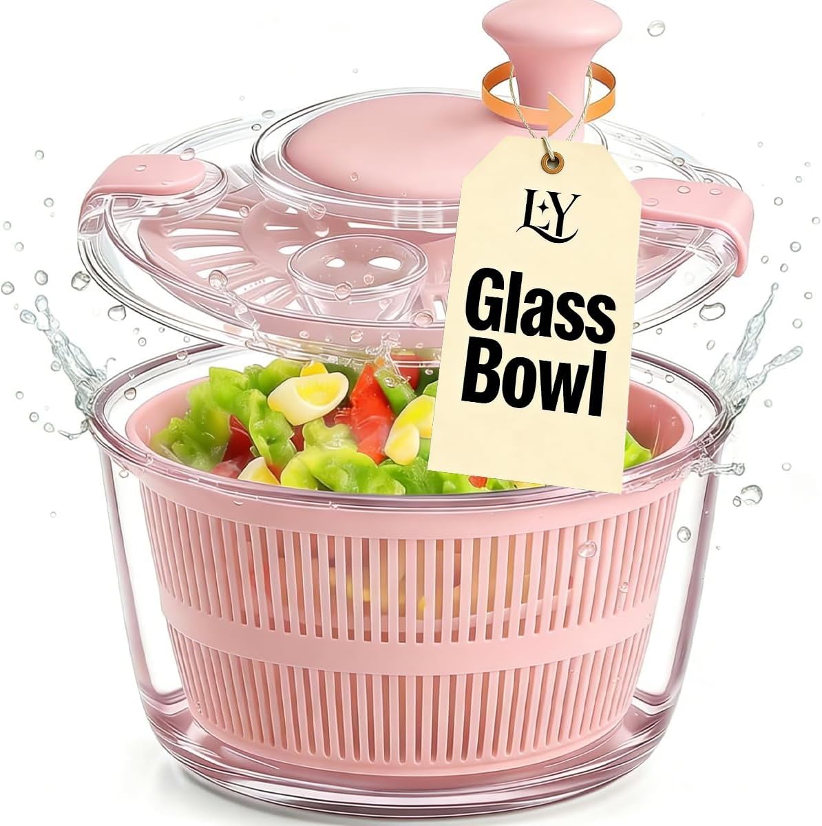 Good Grips Large 5.2 Qt Glass Salad Spinner Vegetable Dryer with Drain Dishwasher Safe with Transparent Lid Crank Handle Quick Spin Greens Washer for Lettuce Herbs Fruits Pink