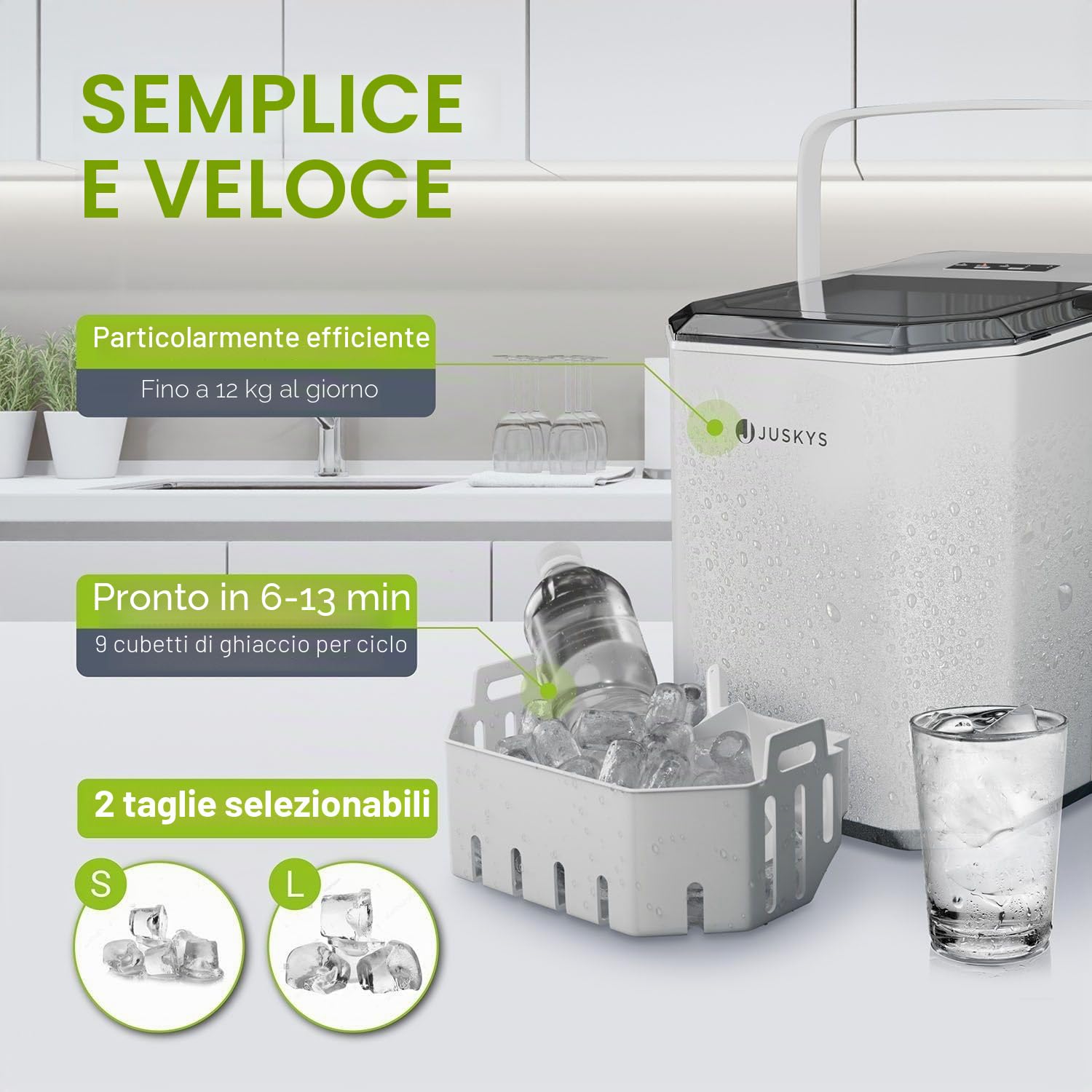 Juskys macchina del ghiaccio IceOracle – Cubetti di ghiaccio per cocktail in 6-13 minuti – Mini macchina del ghiaccio da 12 kg/giorno – Contenitore grande – Bianco