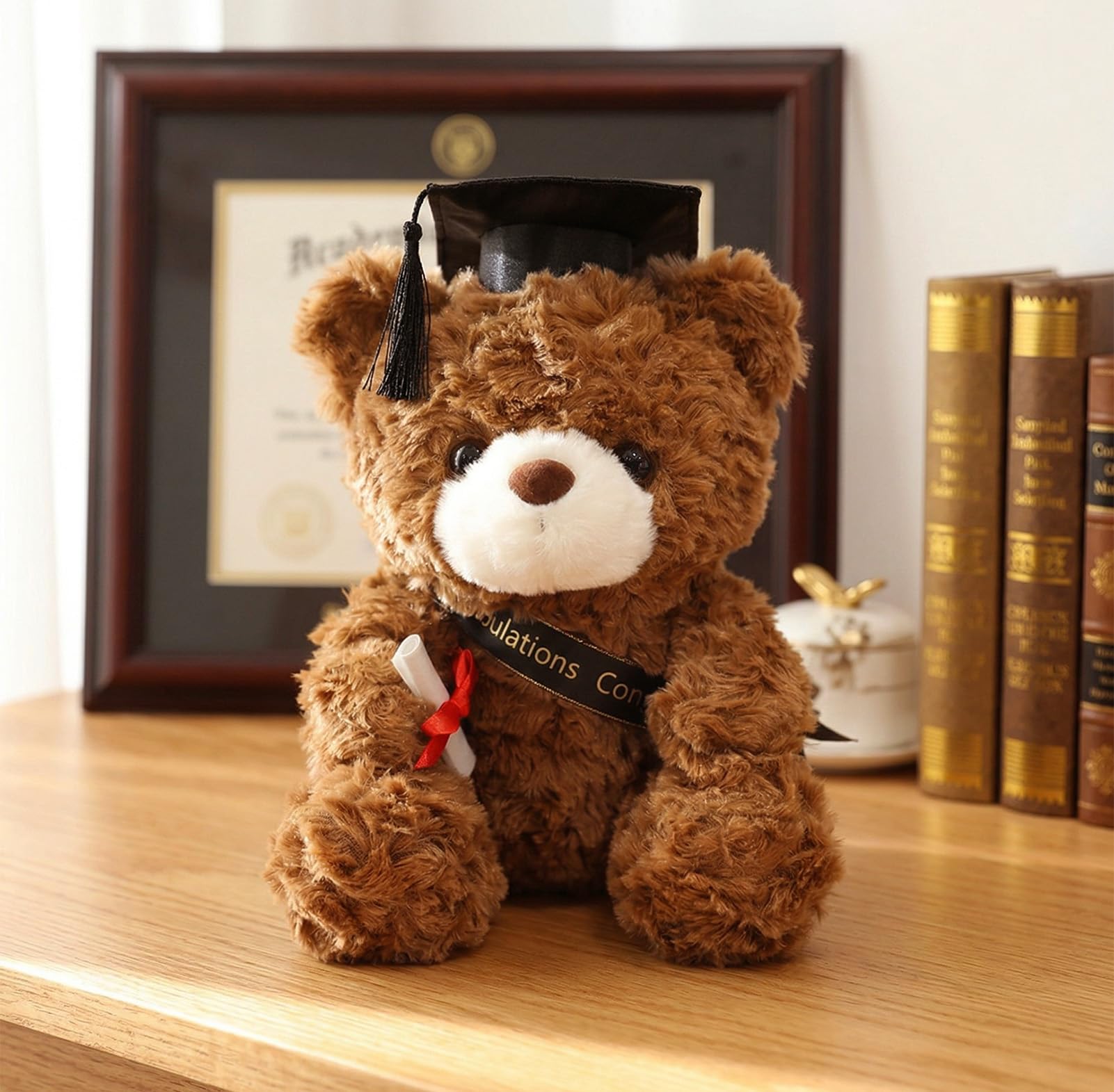 Oso de peluche de graduación con sombrero de doctorado, osito de graduación, regalo de graduación, 23 cm, amuleto de la suerte para graduación (marrón - negro)