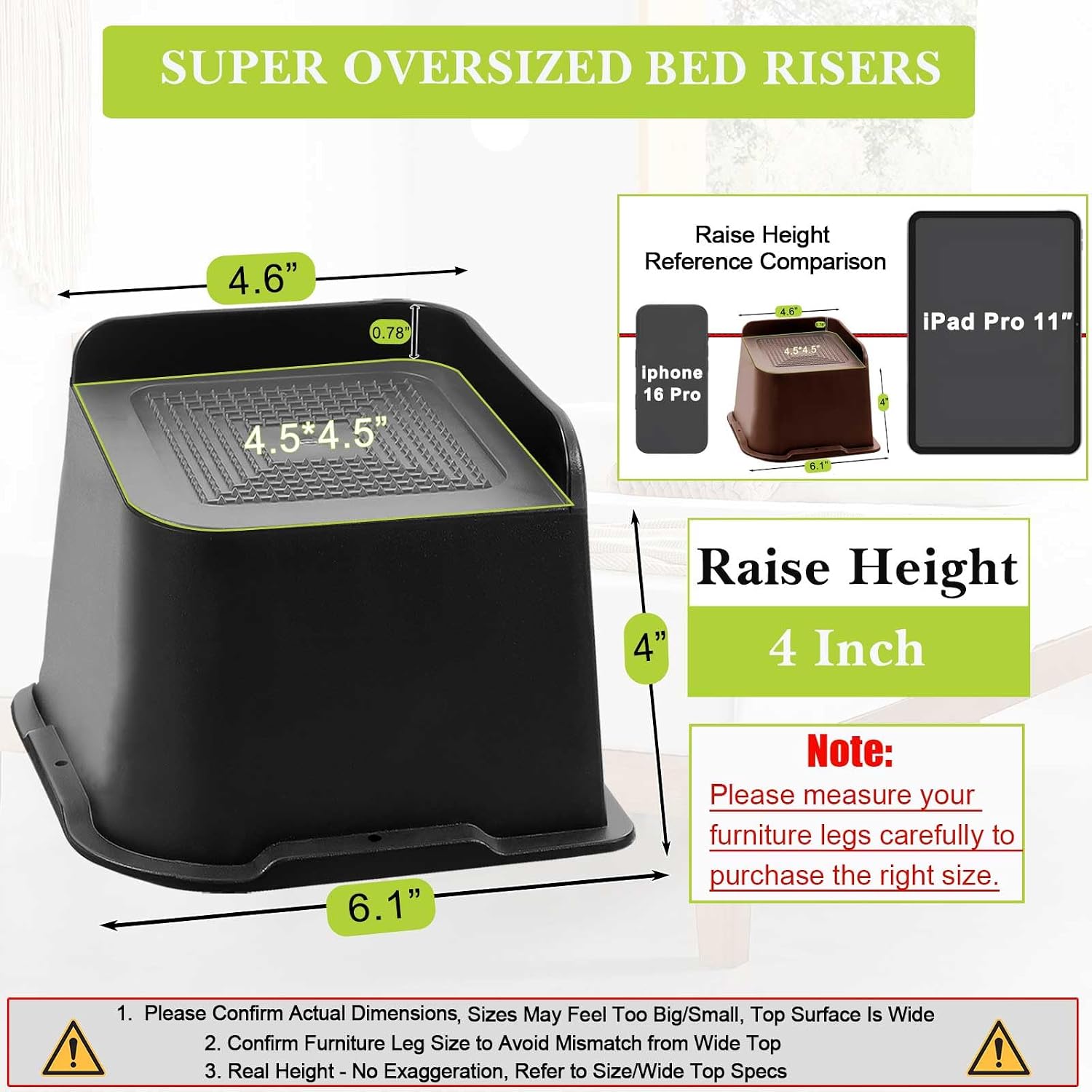 bed risers 2 inch, 3 inch, 4 inch, 6 inch, 8 inch heavy duty, oversized furniture riser for couch sofa table chair leg frame dorm, support up to 6000 lbs (black 6 pack, 4 inch) black 6 pack 4 inch