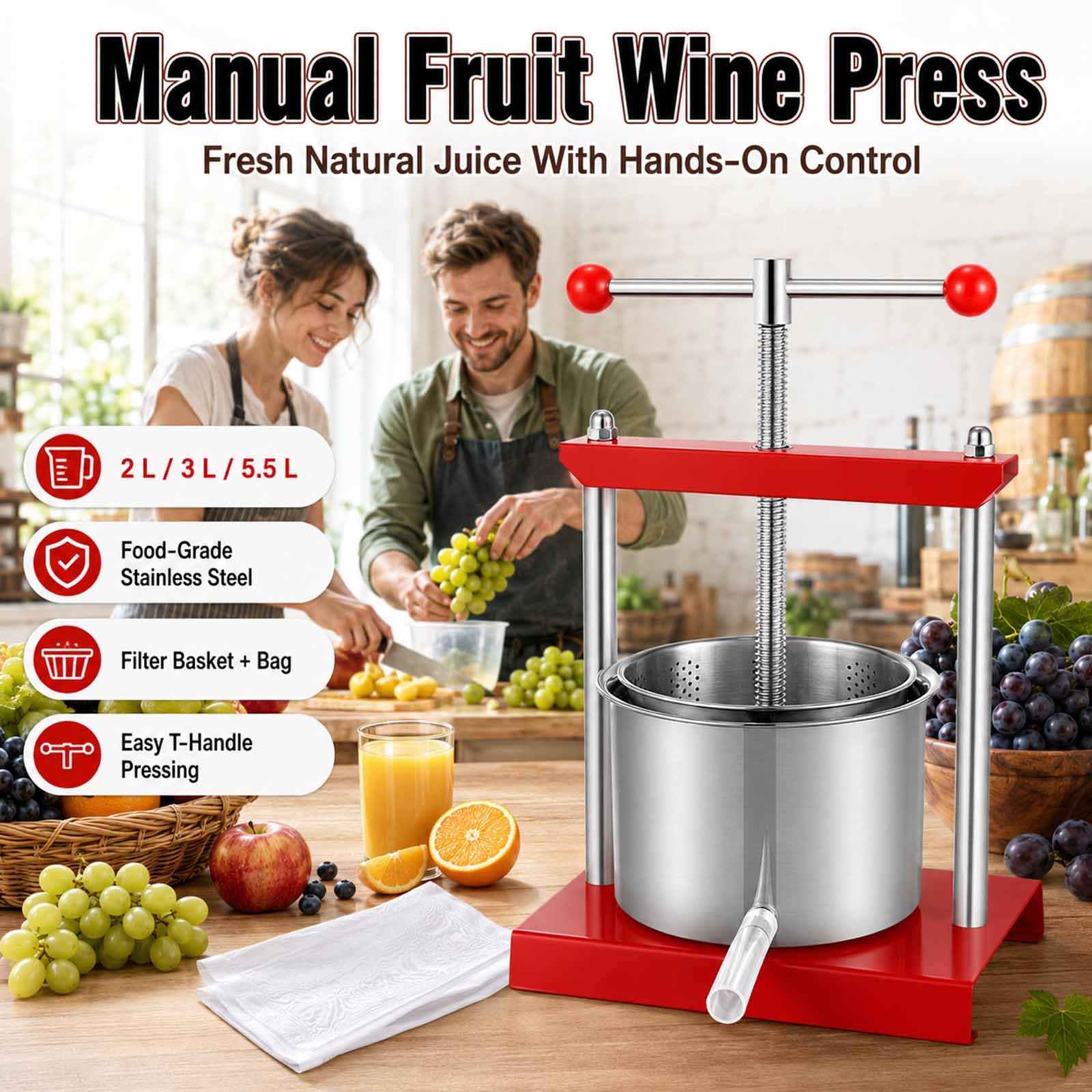 Prensa De Barriles De Acero Inoxidable, Prensa De Frutas De 2l/3l/5.5l, Mayor Rendimiento De Jugo Y Más Saludable, Prensado Manual Que Ahorra Esfuerzo Y Detalles De Base Alta Resistencia Null 3l