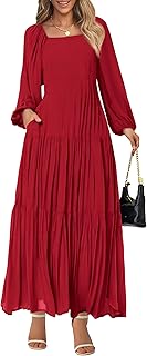Women Formal Dress Spring Square Neck Puff Long Sleeve Smocked Tiered Flowy Wedding Guest Maxi Dresses Pockets - Buy now
