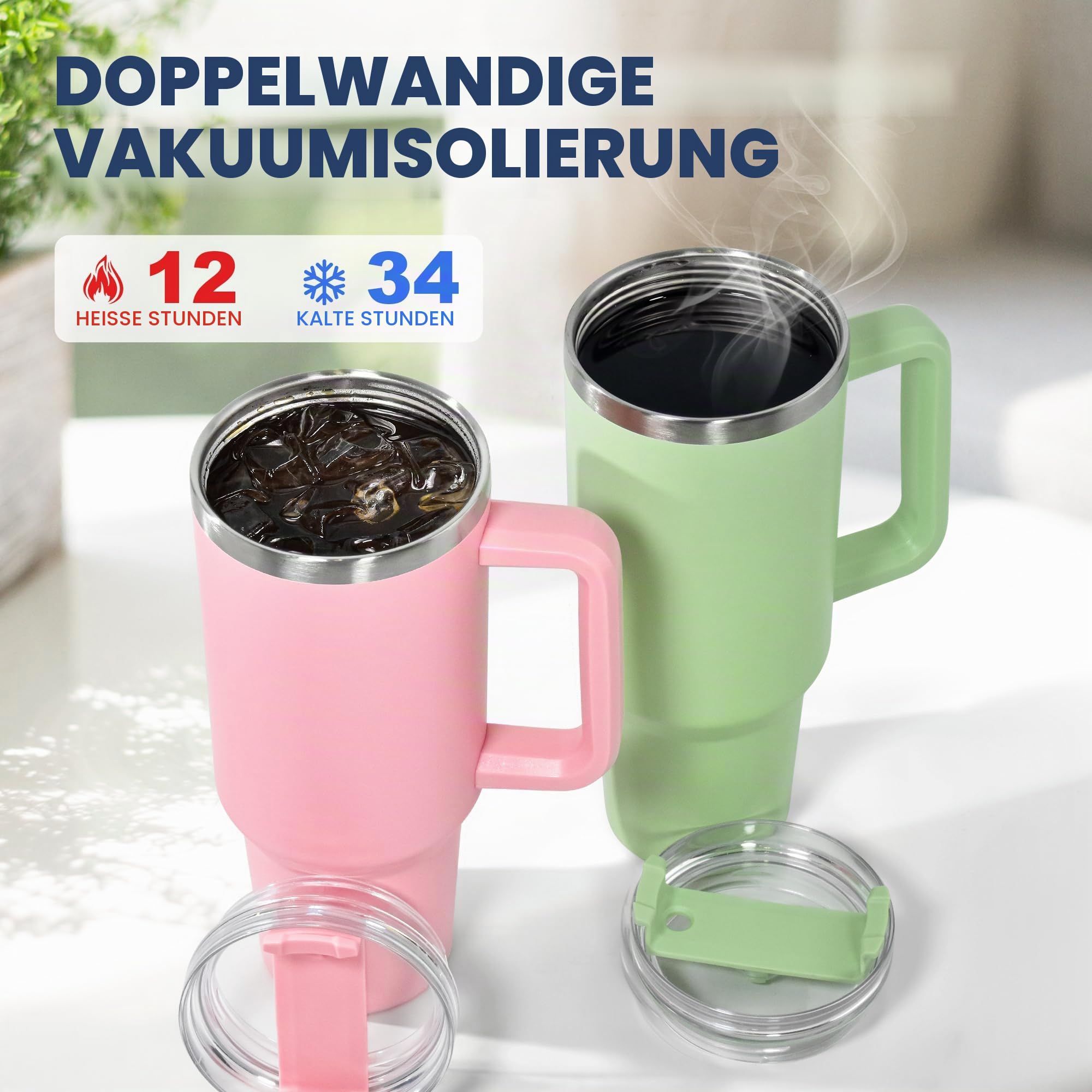 Thermobecher mit Henkel und 2 Strohhalm-Deckeln 1,2L, Marineblau