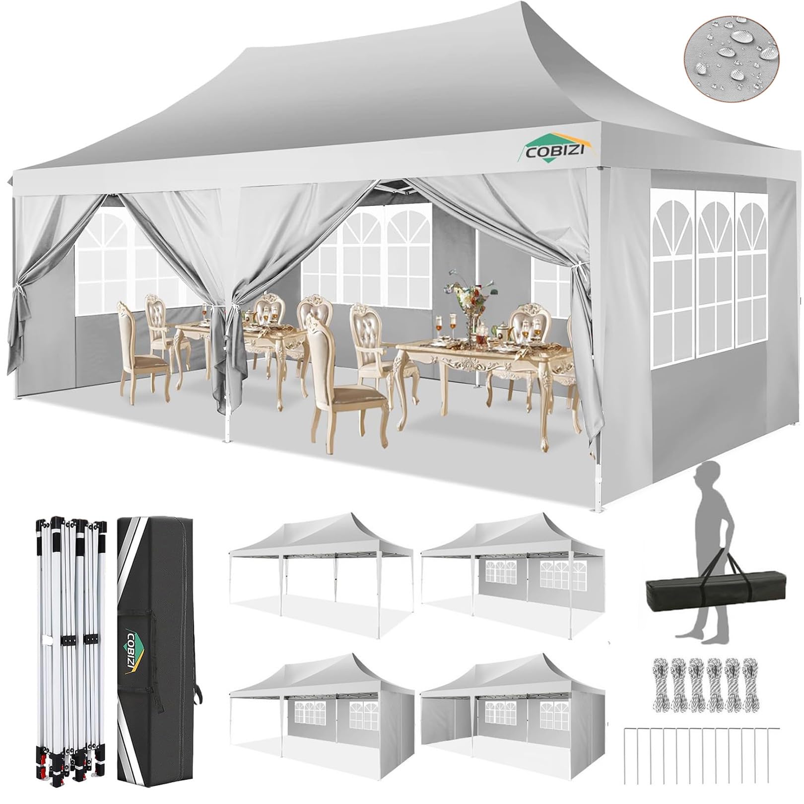 COBIZI Pavillon 3x6,Faltpavillon 3x6 Wasserdicht Stabil Winterfest, Sofort aufklappbare Vordächer Outdoor Gartenzelt mit 6 Seitenteilen, für Party Garten Festival, Weiß | Upgrade 210D Oxford-Gewebe (UPF50+), höhenverstellbar 300-320cm, für Garten/Partys/E
