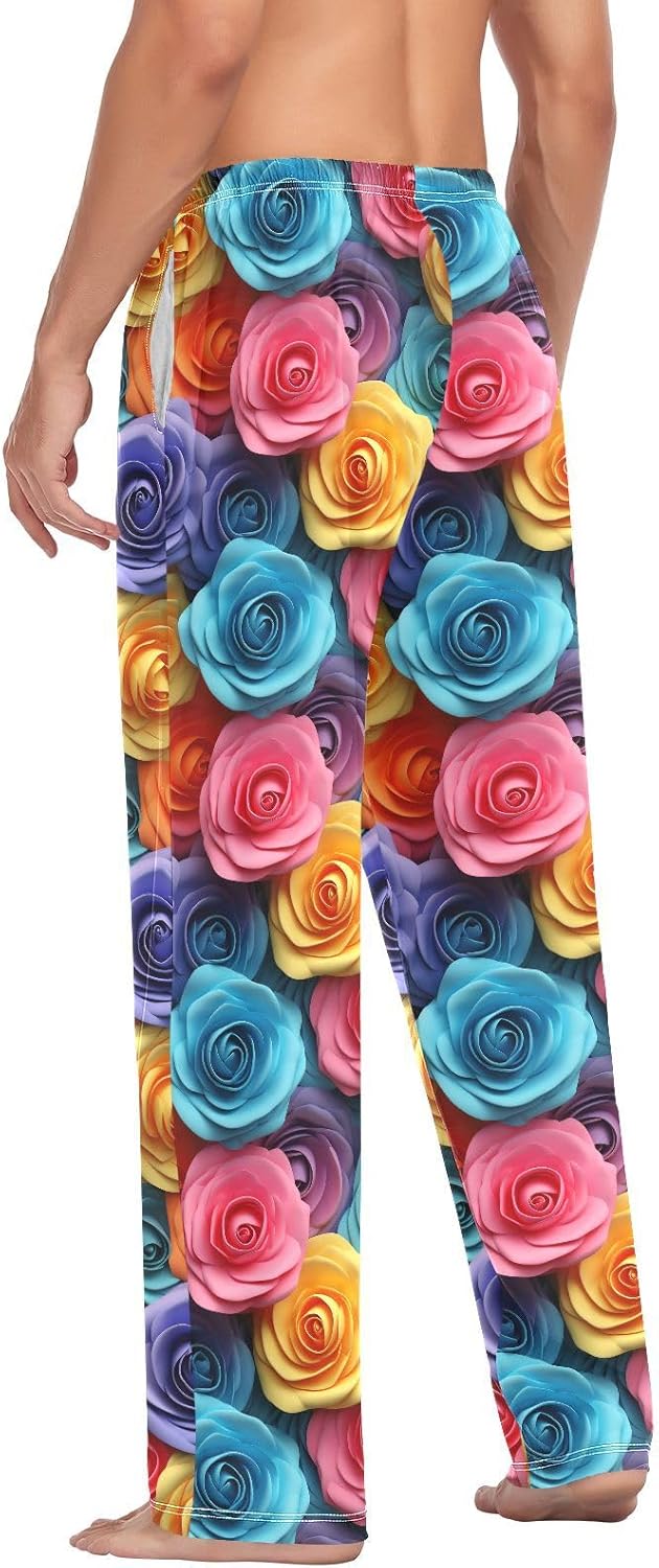 ALAZA Rainbow Rose Flowers 3d Men's Pajama Pants Men Cotton Pajama Bottoms with Pockets, S