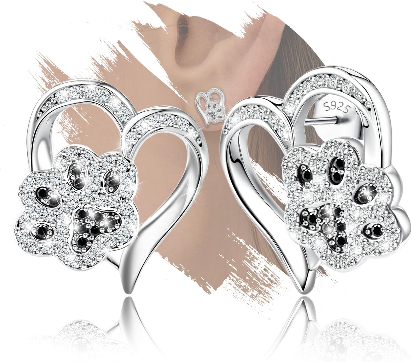 Sterling Silver Heart Paw Print Stud Earrings for Women Sparkling White Black Cubic Zirconia Hypoallergenic Lightweight CZ Pet Dog Cute Animal Earring Fashion Gift for Her Teens Daughter Granddaughter