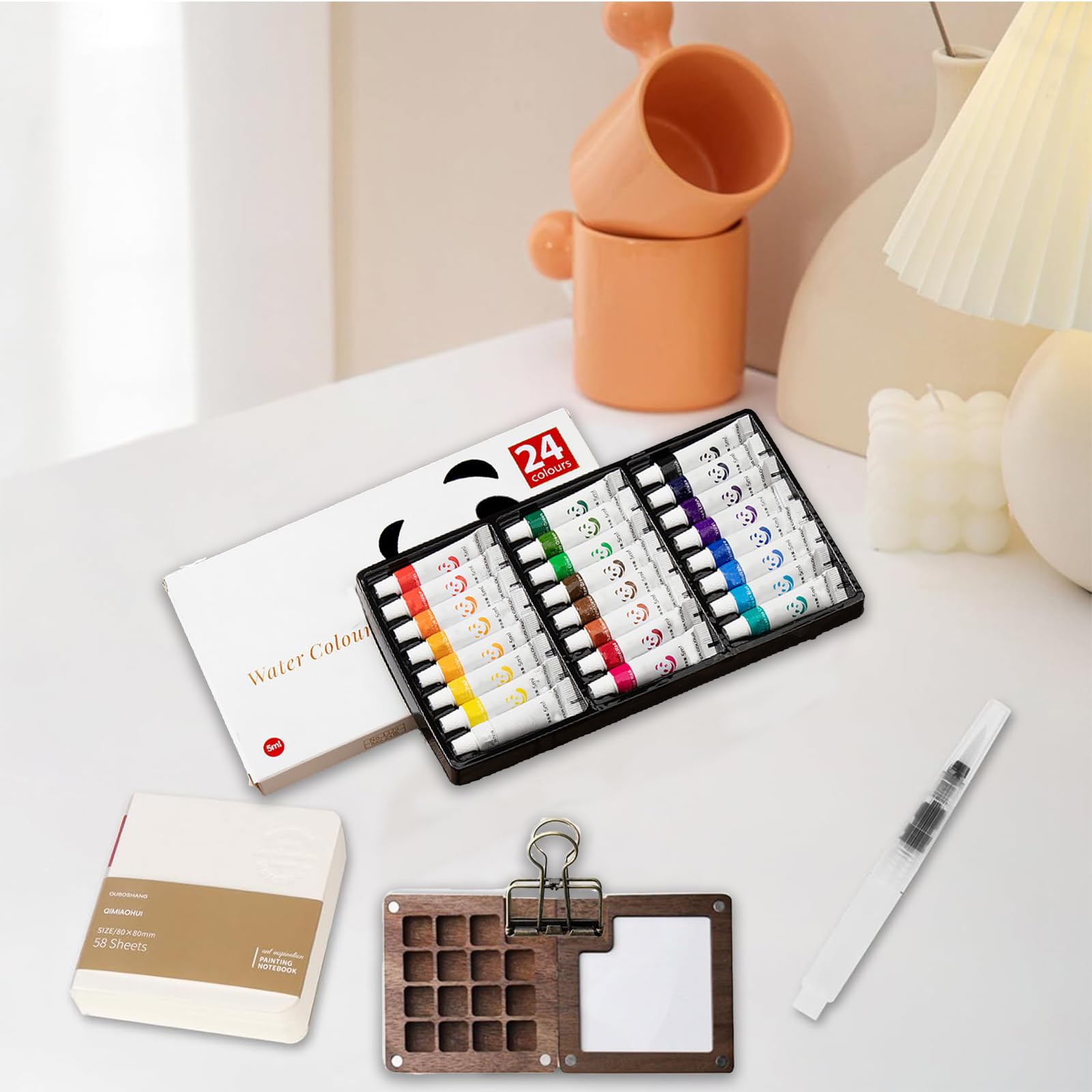 Noce Acquerelli da Viaggio 15 Griglie Tavolozza per Dipingere Magnetico Kit Pittura Include 24 Colori un Blocco da Disegno Pennelli e un Raccoglitore Set da Viaggio Portatile Pieghevole