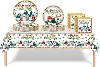 53Pcs Christmas Party Tableware Decorations,Merry Christmas Tree Snowman Tableware Set Party Table Cloth,7inch Paper Plates,Paper Napkins,Cups for Xmas Disposable Dinnerware,Picnic party Supplier