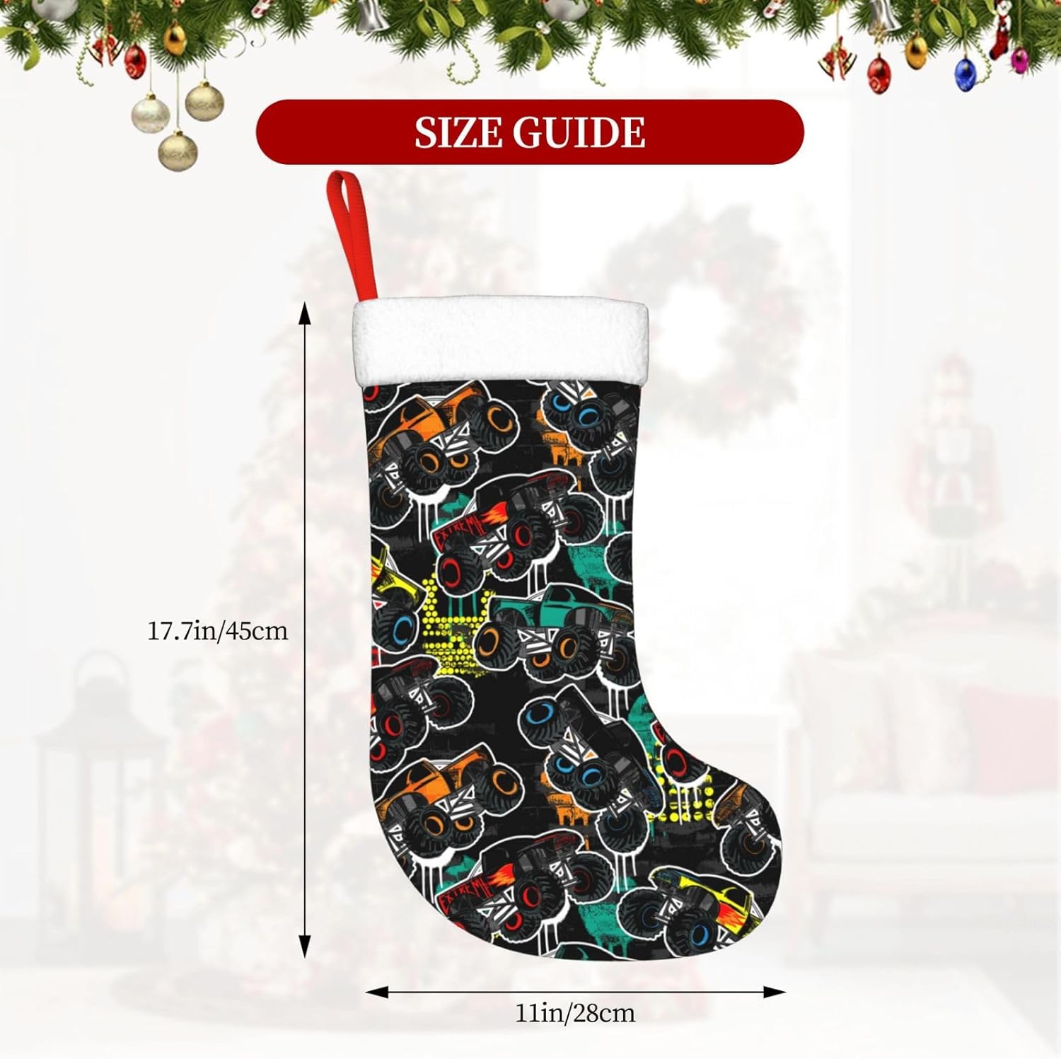 Truck Car Christmas Stocking,17.7" Xmas Fireplace Hanging Stockings Decoration Stockings for Family Holiday Party Decoration（1 Piece）