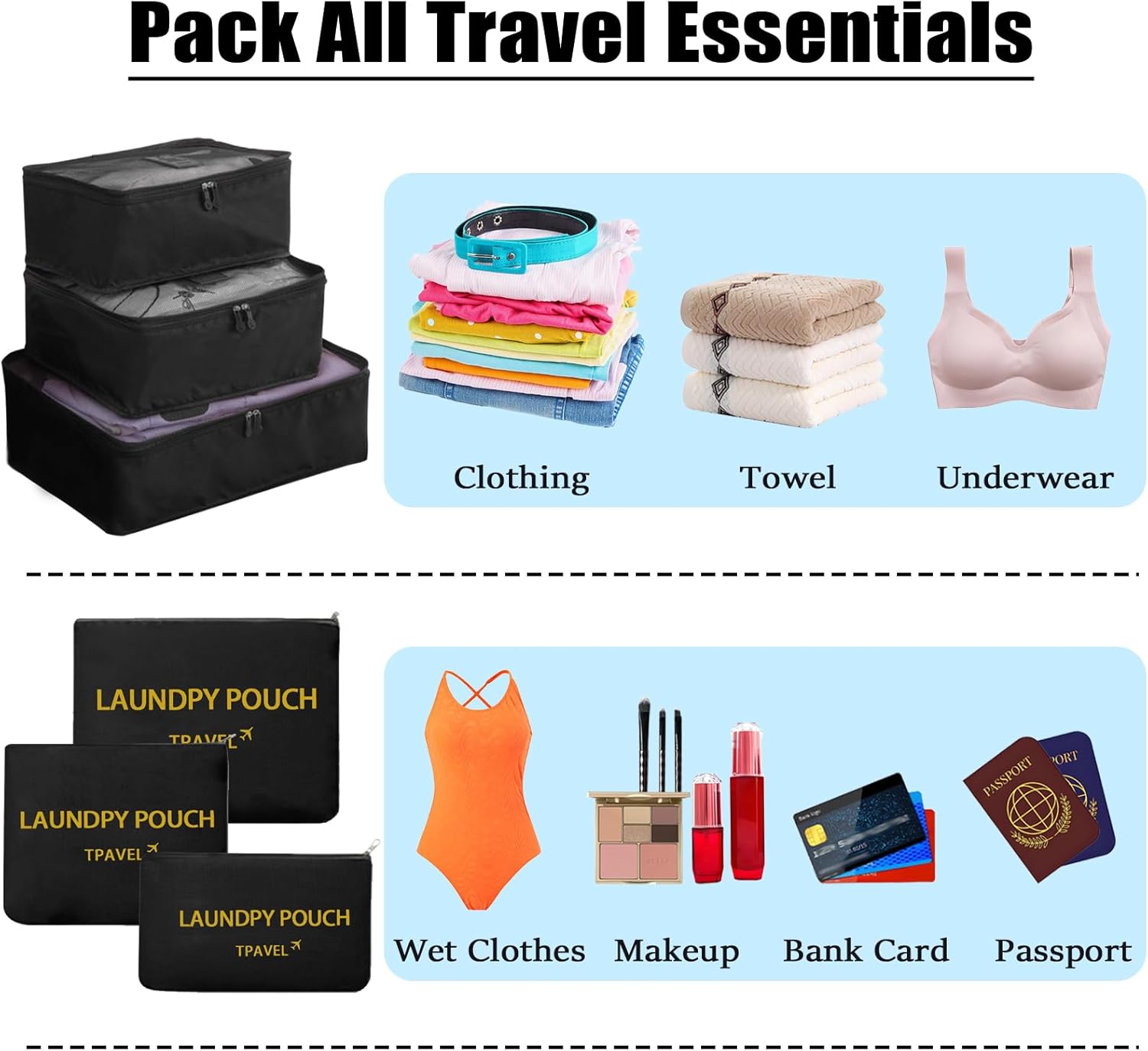 24 Set Packing Cubes for Travel Luggage Packing Bags Reusable Waterproof Suitcase Organizer Bags Set with Shoe Bag and Toiletry Bag (Black+Navy Blue+Grey+Wine)
