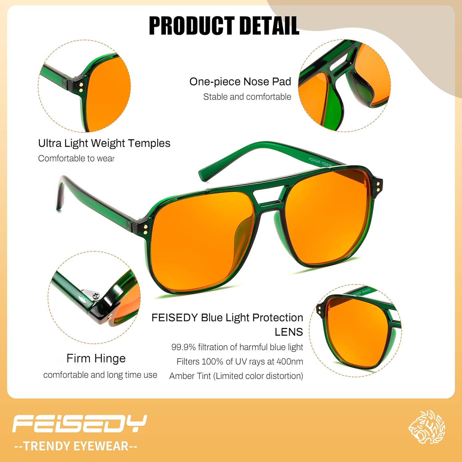 FEISEDY Amber Blue Light Glasses for Computer Gaming Orange/Yellow lens Anti Eyestrain Sleep Glasses G2835 - Image 5