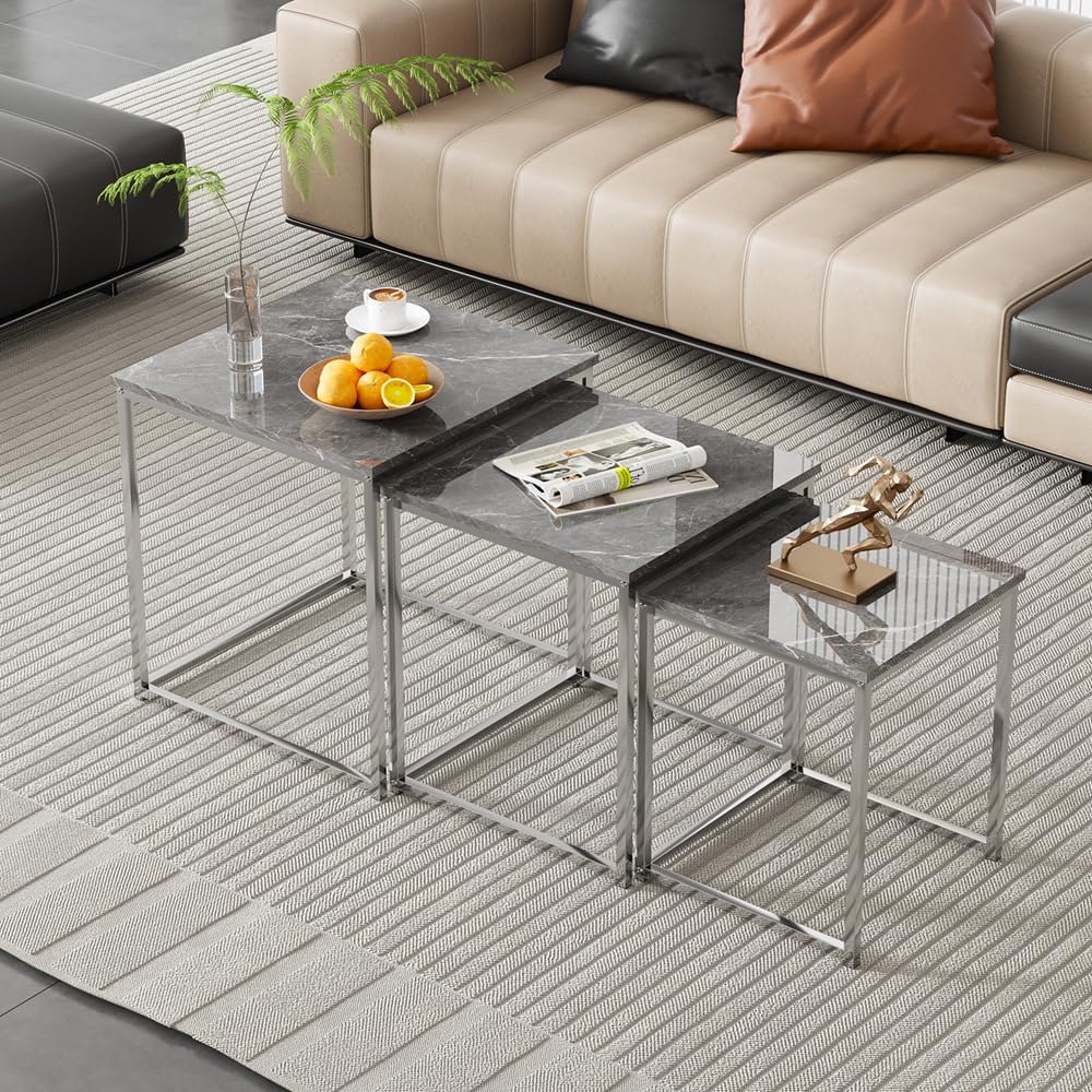 Rainbow Tree Set of 3 Grey Nesting Coffee Tables for Living Room, High Gloss Nest of 3 Nested Tables Sofa Side Table Coffee Table End Tables Square Space Saving