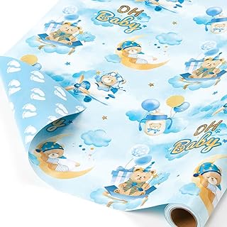 WERNNSAI Baby Wrapping Paper - 1 Roll 17” x 16.4 ft Bear Wrapping Paper for Boy Baby Shower Wrap Paper Blue Bear Gift Wrap Reversible New Born Birthday Present