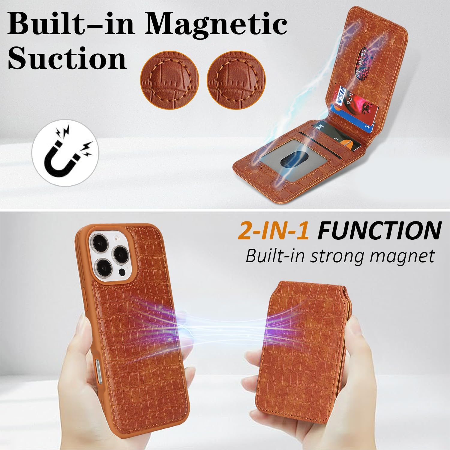 Ｈａｖａｙａ iPhone 16 Pro Max case Slim Shockproof Detachable 2-in-1 Compatible MagSafe Wallet Alligator Leather - Vintage Cognac Brown