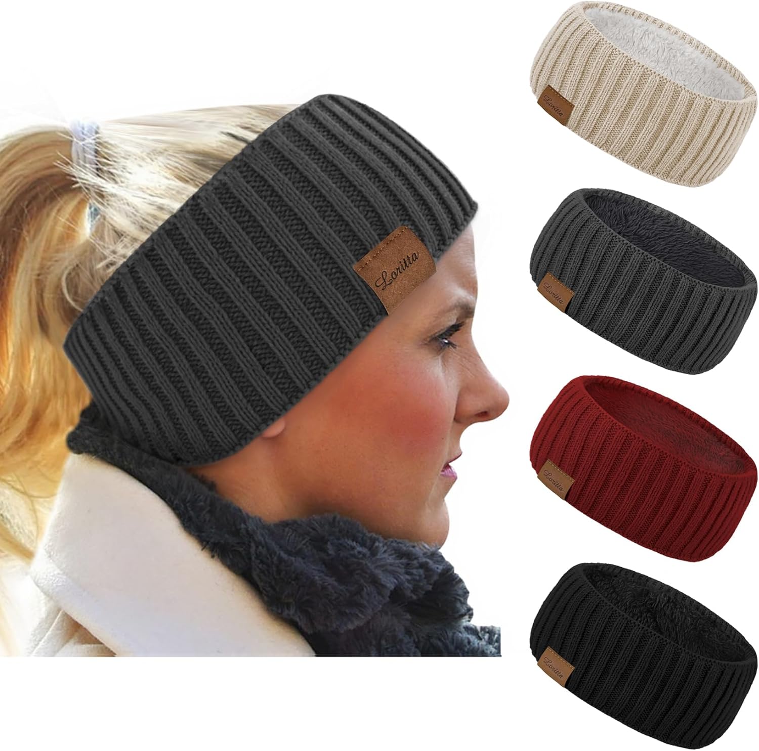 Loritta 4 Pack Womens Winter Headbands Fuzzy Fleece Lined Ear Warmer Cable Knit Thick Warm Crochet Headband Gifts