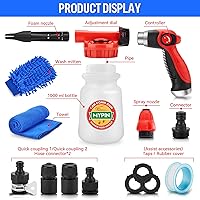 Vista 9 de Car Wash Foam Gun/Hose Sprayer, 16 IN 1 Cannon, Adjustable with 2.5-6 Ratio Dial Foam Blaster, 1L Bottle, Nozzles, Mitten, 1/2” Quick Connector for