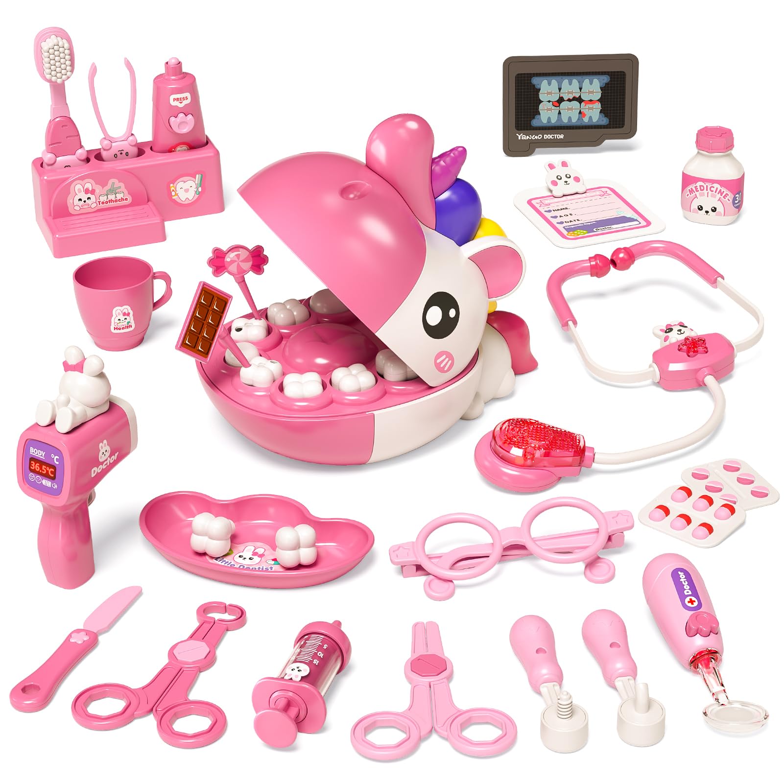 34 PCS Dentist Play Set Toys for Girls, Doctor Kit for Kids Toddlers Ages 2-4 3-5, Pretend Play Toy for Girl Age 4-6, Dentist Toy with Light & Sound, Birthday Gifts for 3 4 5 6 7 8 Year Old Girls