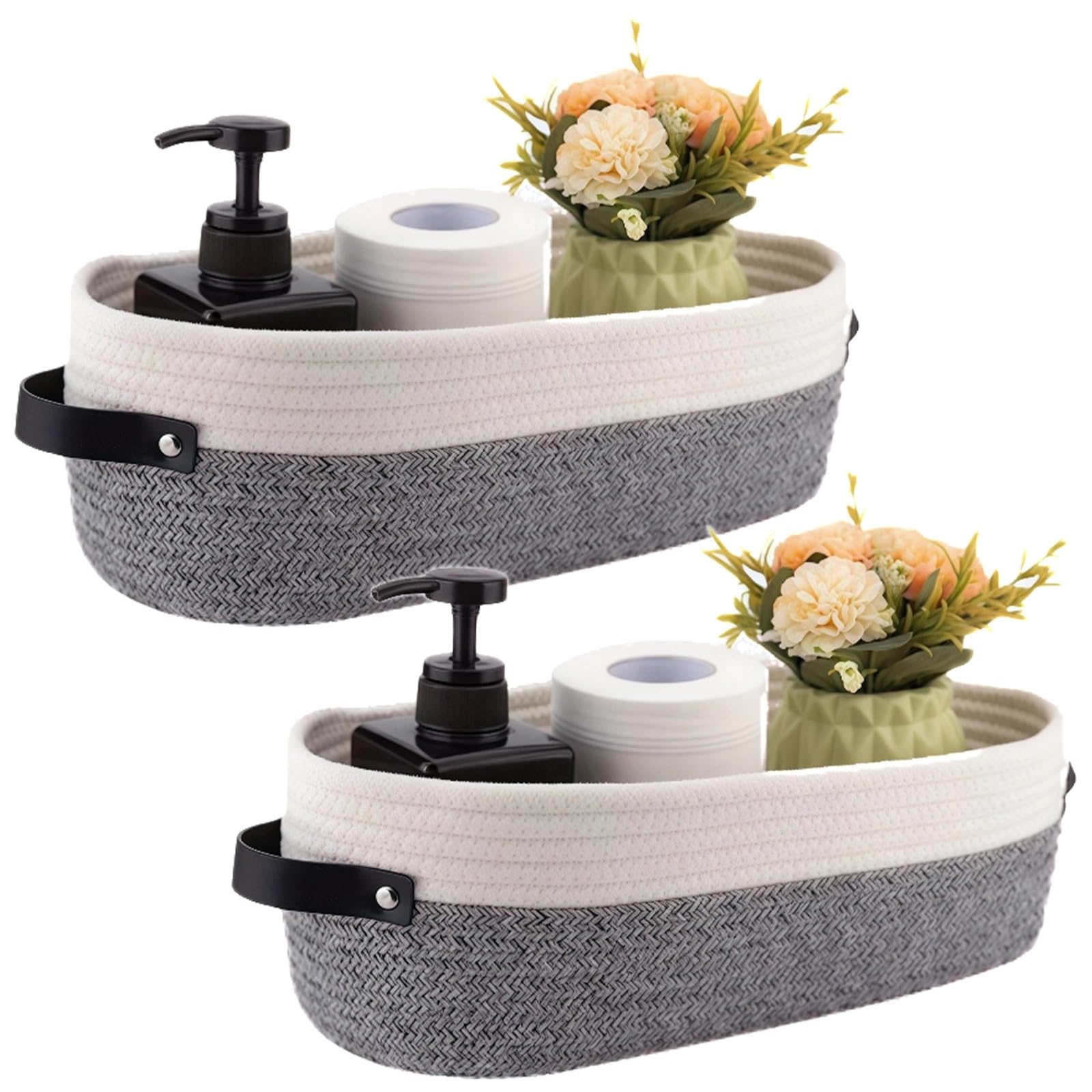 Lot de 2 paniers de rangement ovales en corde de coton, paniers tressés avec poignées en cuir, organisateurs pour salle de bains, conteneurs de rangement pour la maison, jouets et serviettes