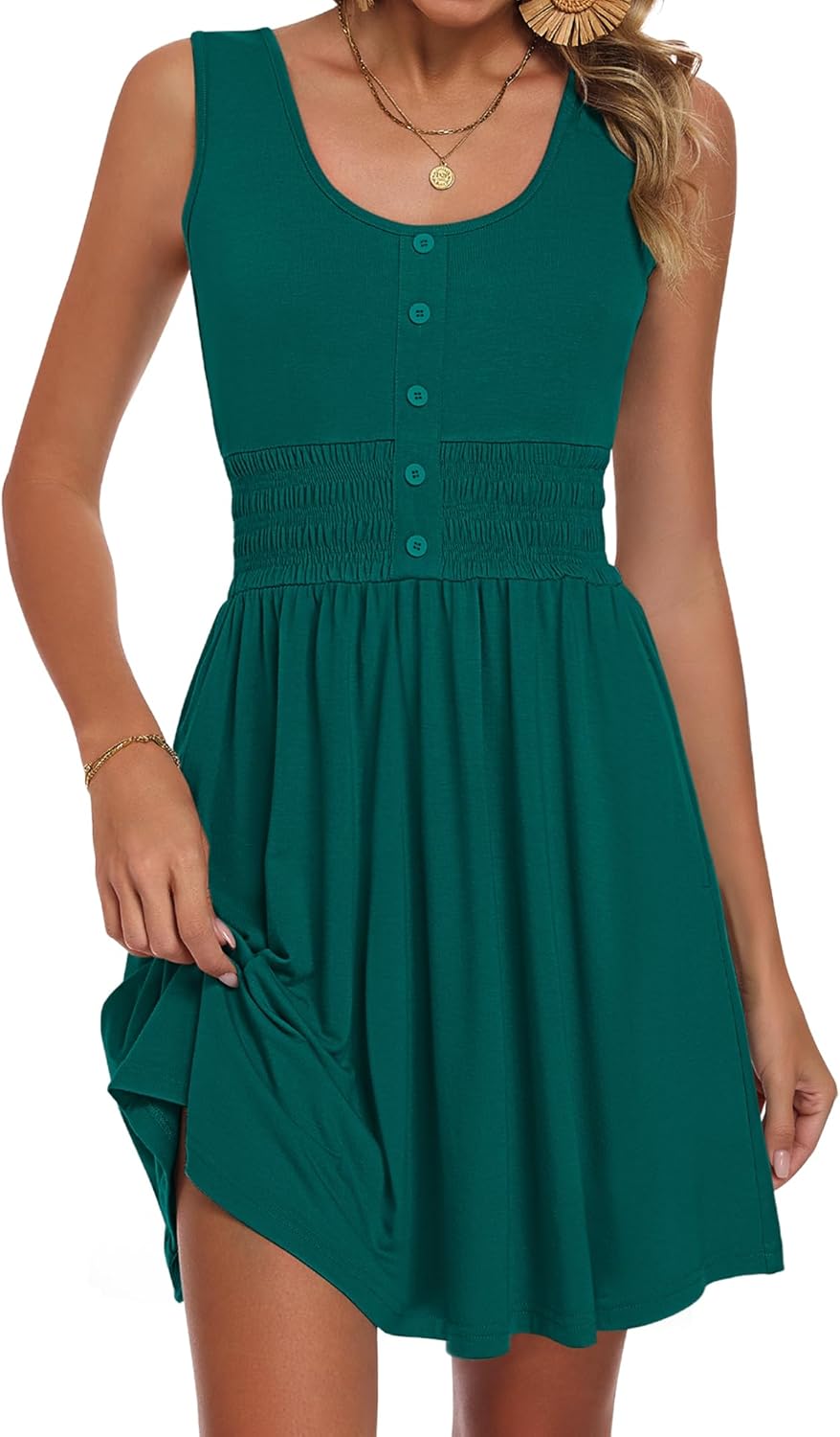 AUSELILY Women’s Button Down Sleeveless Dress Elastic Empire Waist Smocked Mini Dresses 2026 New
