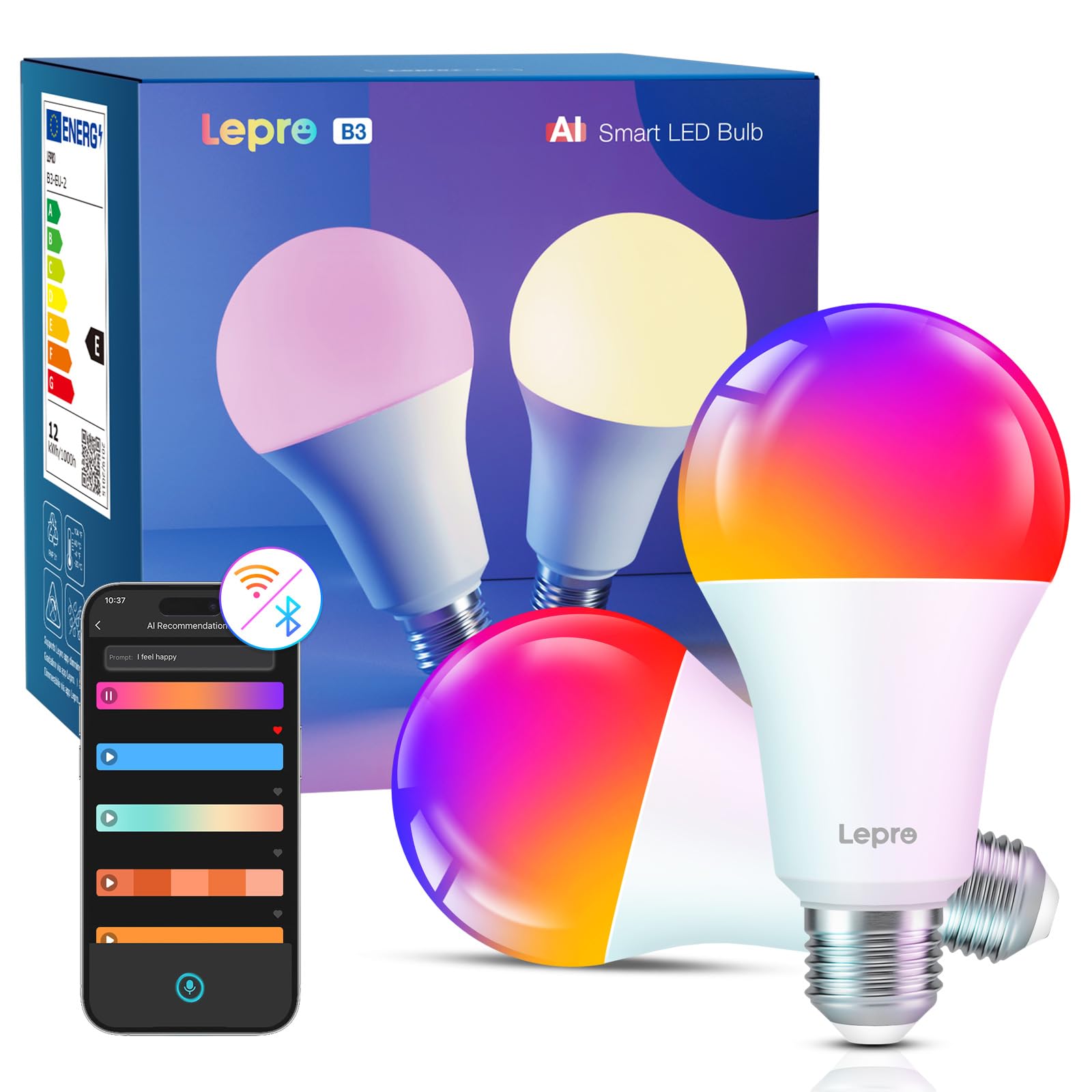 Lepro E27 Smart Bulb 2pcs, 12W 1520lm RGB Screw Light Bulb, Colour Changing, Tunable White 2700K-5700K, App Voice Control, Dimmable, Music Sync, Schedule, Energy Saving, Works with Alexa & Google Home — image 1
